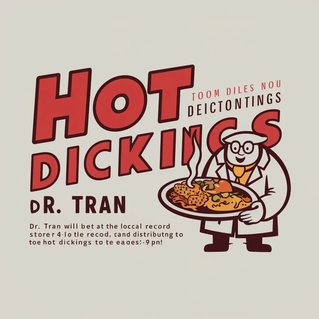 a logo design,with the text "Hot Dickings", main symbol:Dr Tran will be at your local record store this tuesday from 4 til 9 just passing out hot dickings.,Moderate,clear background