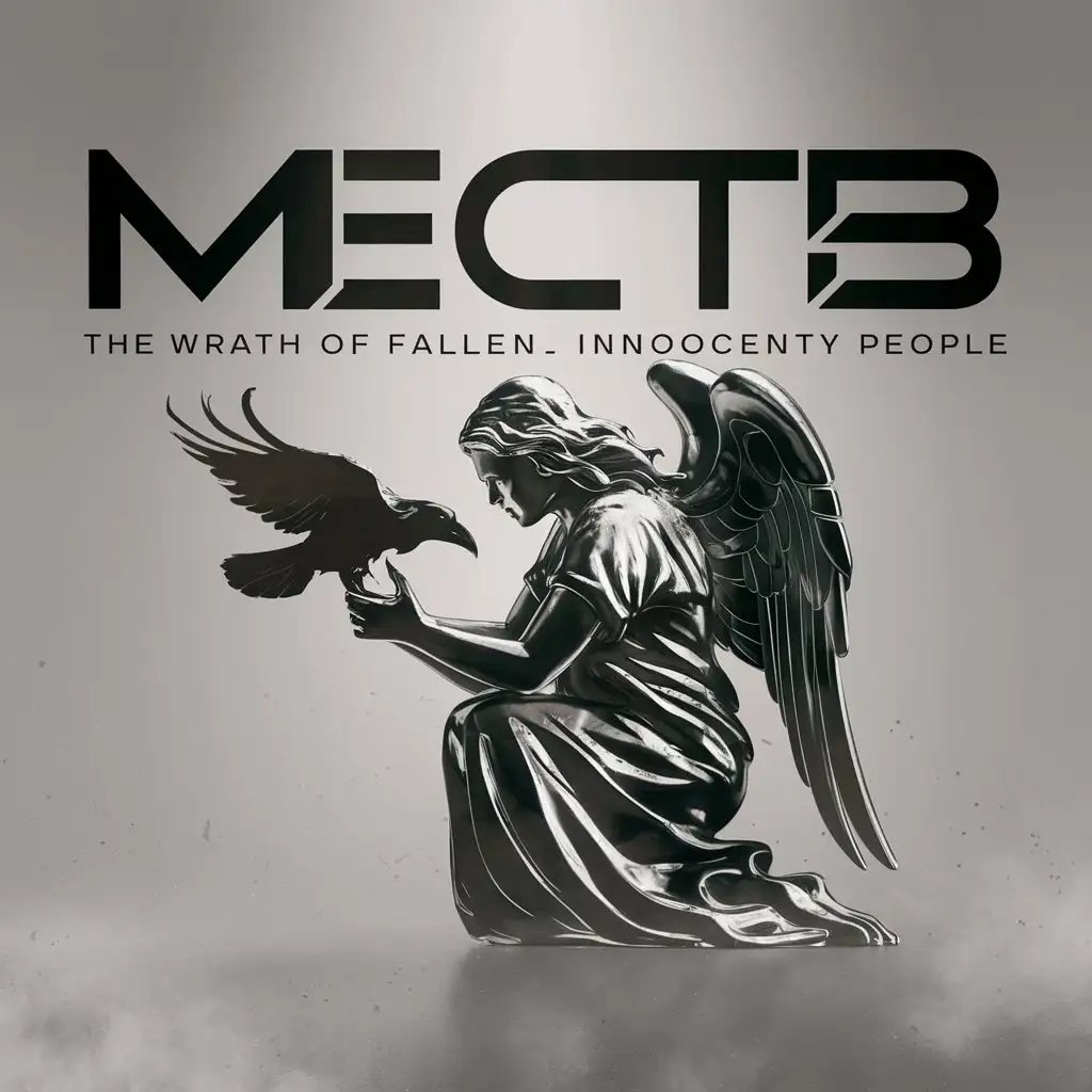 a logo design,with the text "MECTb", main symbol:Wrath of the fallen innocent people. Angel holds a black raven,Moderate,clear background