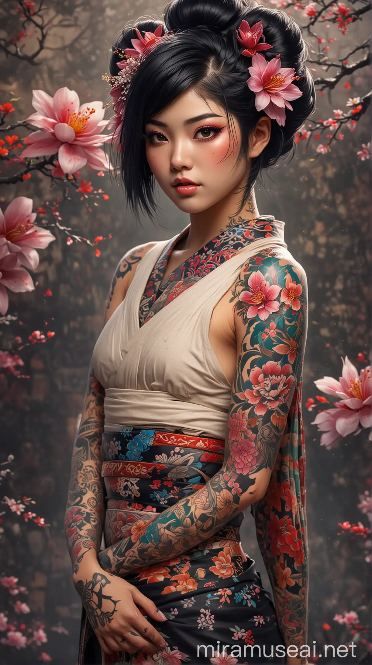 Pria muda geisha berotot berdiri berpose ,tato seluruh tubuh,sedikit pun tato menutupi seluruh tubuhnya, wajah tampan, dan rambut hitam undercut,desain bunga berwarna-warni wallpaper bunga,latar belakang dalam gaya anime fantasi ilustrasion, --v 6.0 --gaya mentah - -s 130 --ar 35:64 ultra HDR extreme 