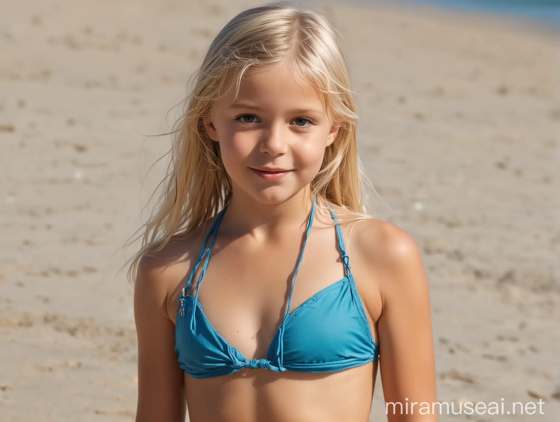 10 year blond girl with blue bikini at the beach