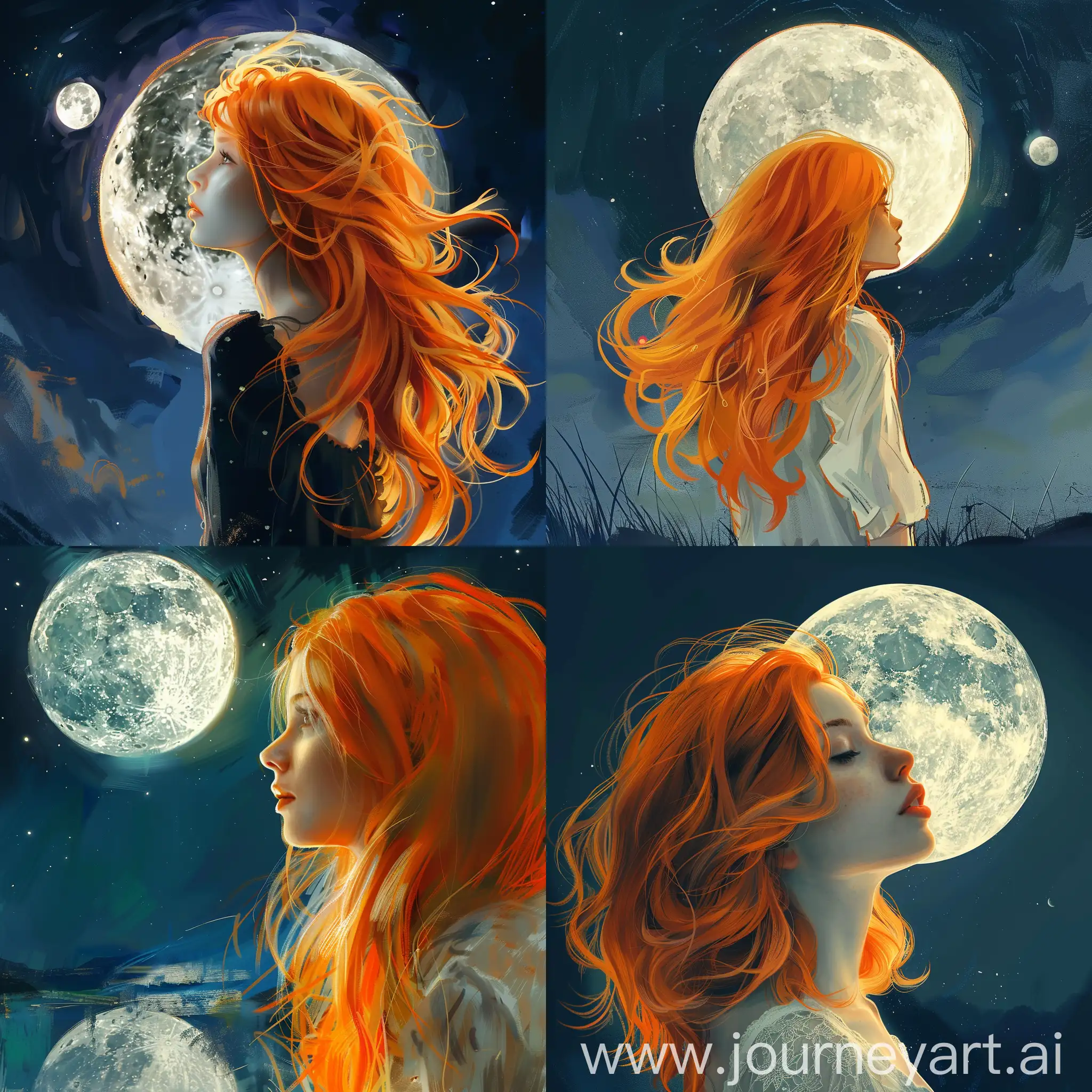 فتاه جميله شعرها برتقالي تنظر الى القمر