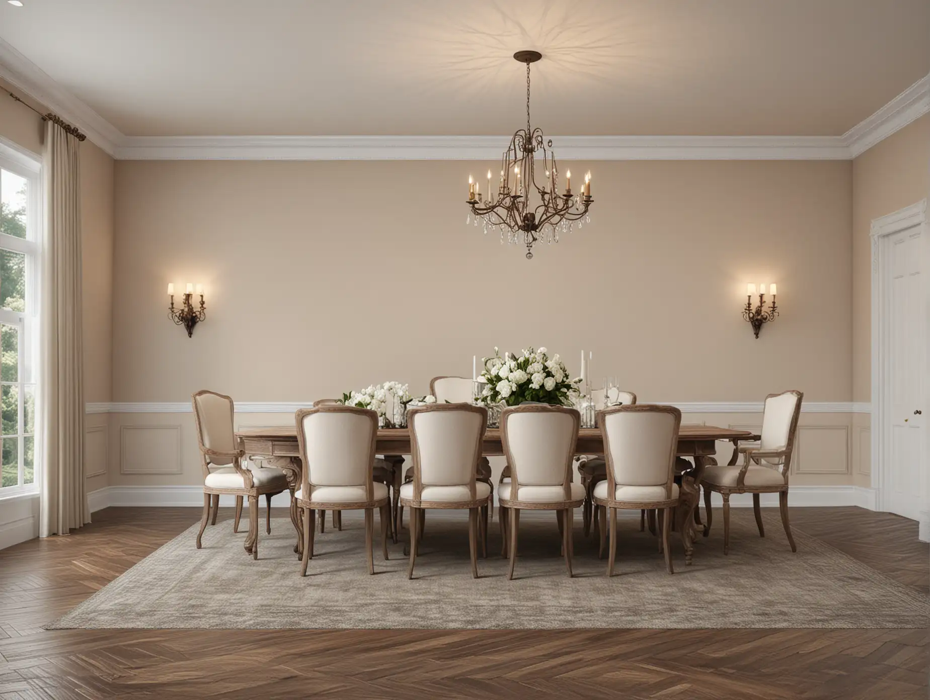 Elegant Formal Dining Room with Spacious Blank Wall in Vibrant Photorealistic Color