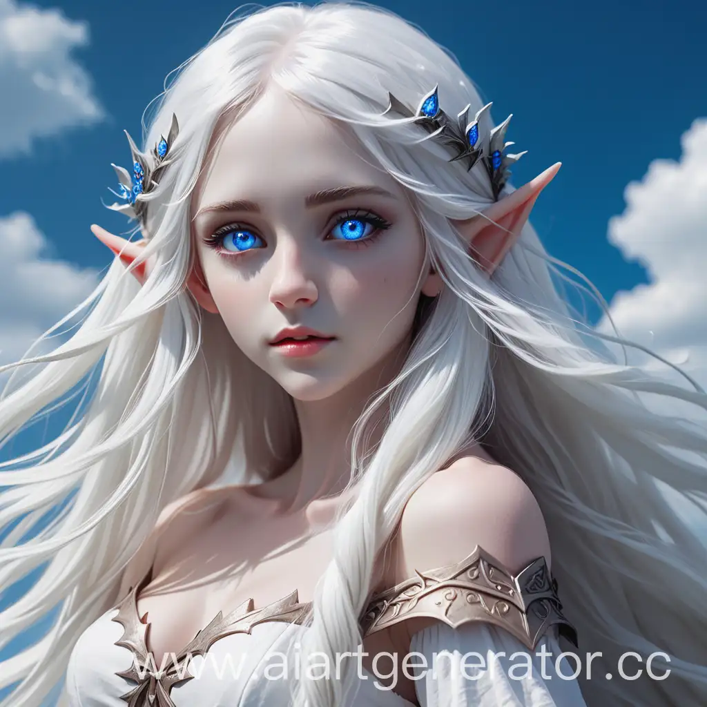 Красивая эльфийка, длинные белые волосы, синие глаза, белое порванное платье, на фоне неба