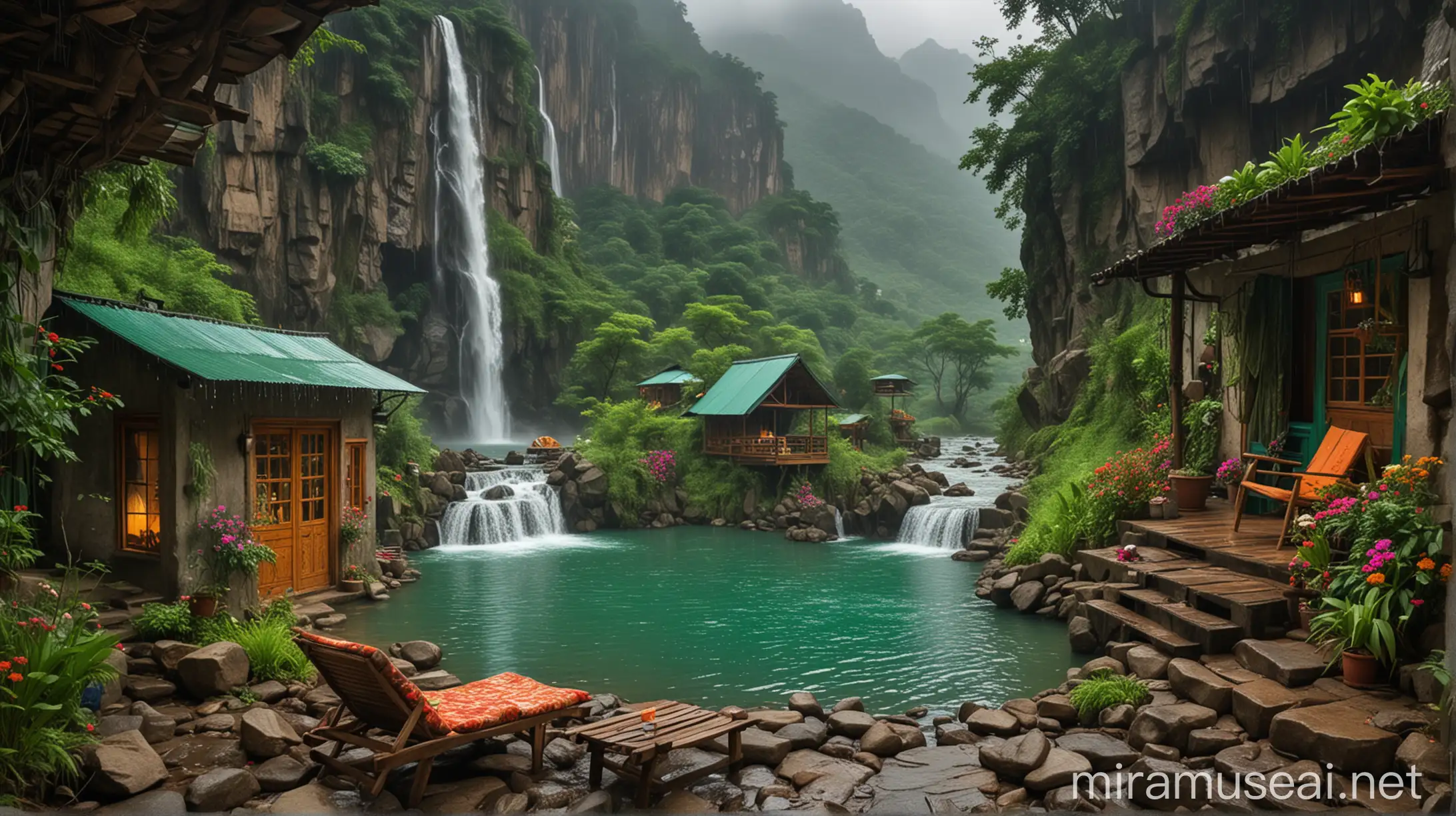 moonsoon house at mountain flowers and waterfall and sitting chairs a woman Sleeping 
in sitting chairs waterfall with a hut and a lake, in the style of 32k uhd, moonsoon emerald and green, colorful dreams, romantic riverscapes, beautiful scenery mountain waterfall sia view rainy weather monsoon