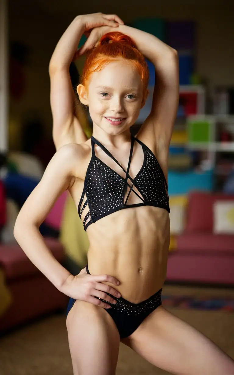 6 years old rhythmic gymnast girl, ginger hair, extremely muscular abs, showing belly, string swimsuit, at home