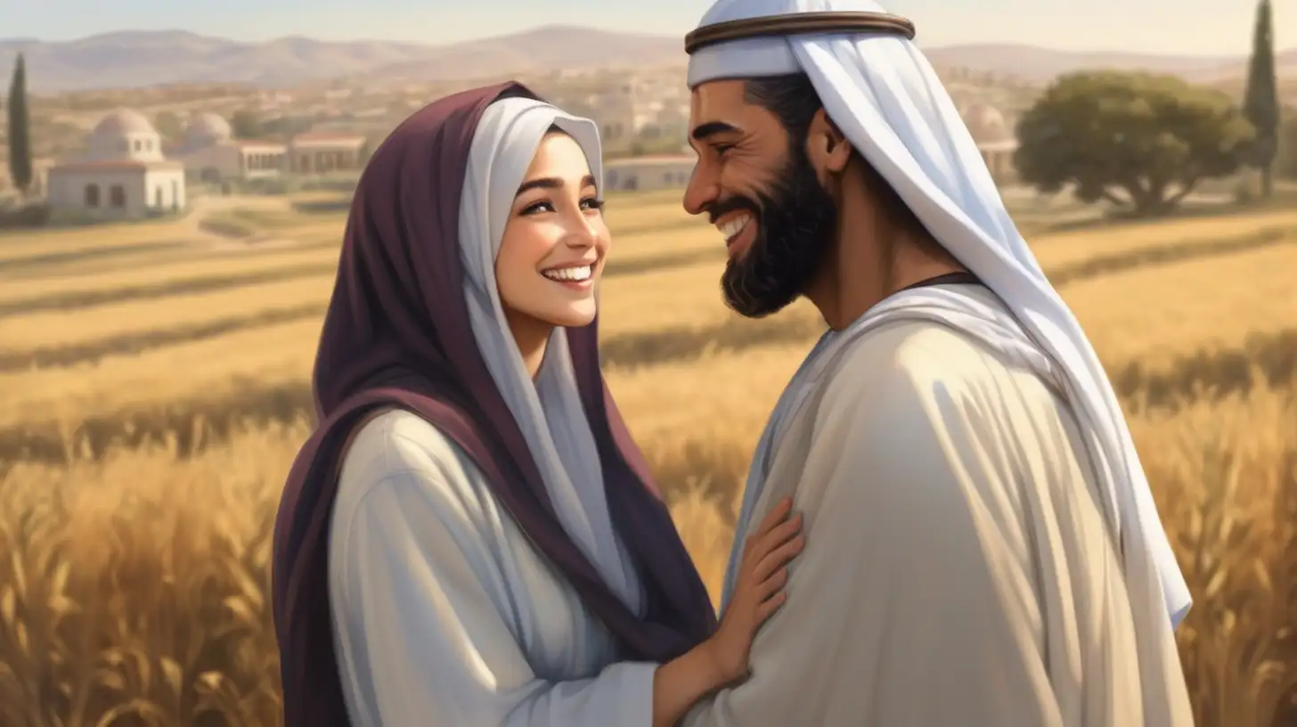 epoque biblique, un hébreu souriant qui enlace une belle femme hébreu, robe pudique manches longues, tête couverte avec un chapeau de l'époque biblique, devant une villa hébreu dans la campagne