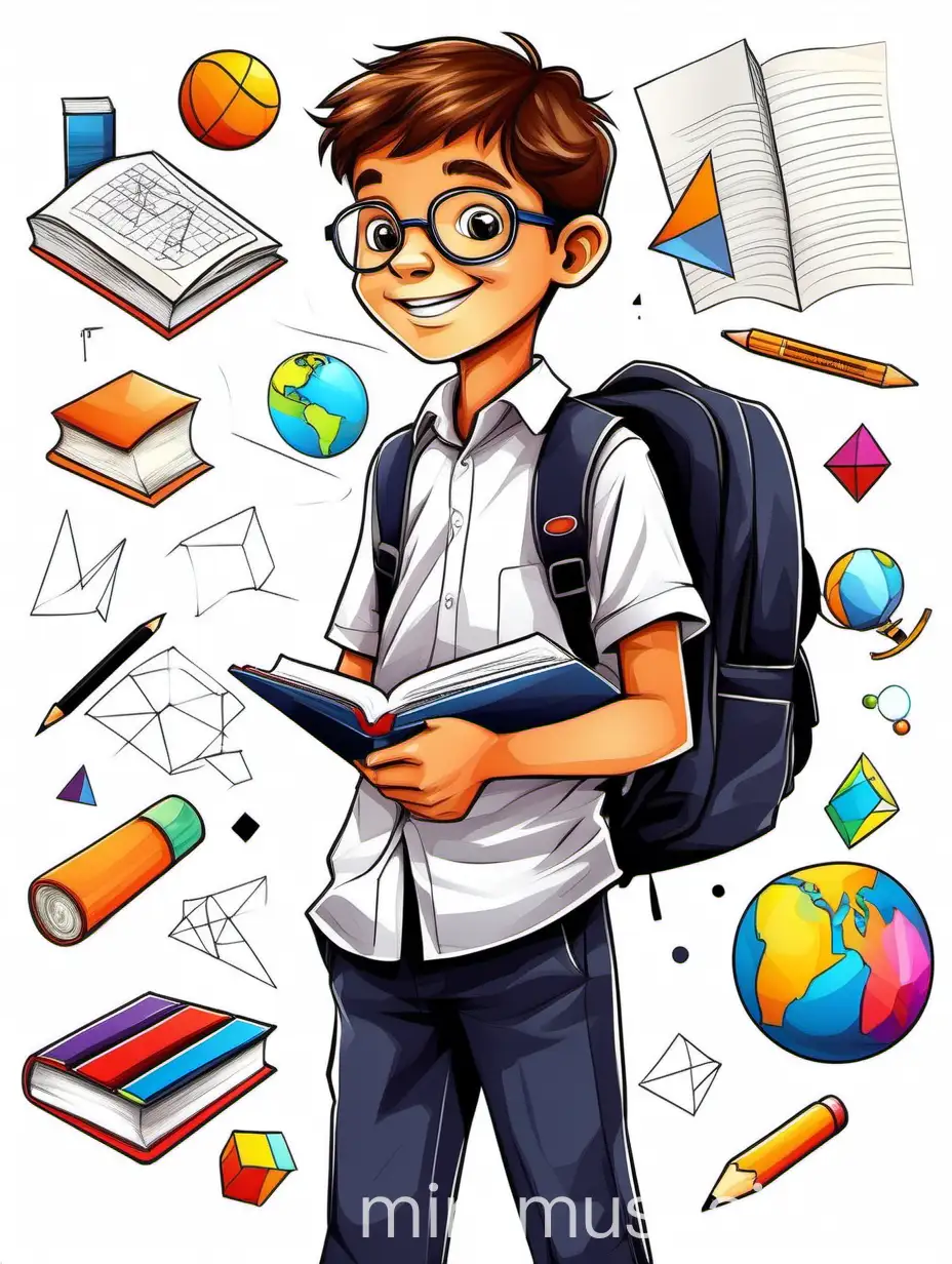 Beautiful cartoon vector illustration on a white background with colorful formulas, geometric shapes and school supplies: a happy thoughtful schoolboy 10 years old in a school uniform, white shirt and black trousers with a backpack, holding a book and a globe in his hands