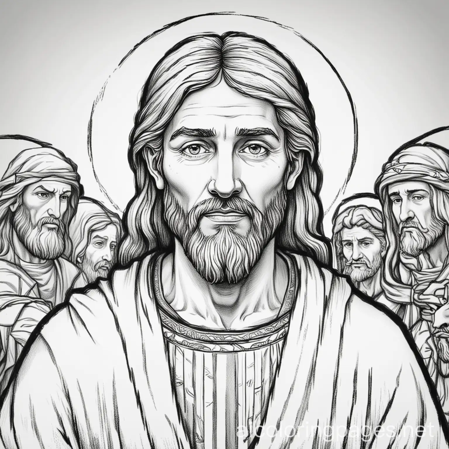 Simon the disciple of Jesus of the bible black and white coloring page, Coloring Page, black and white, line art, white background, Simplicity, Ample White Space. The background of the coloring page is plain white to make it easy for young children to color within the lines. The outlines of all the subjects are easy to distinguish, making it simple for kids to color without too much difficulty