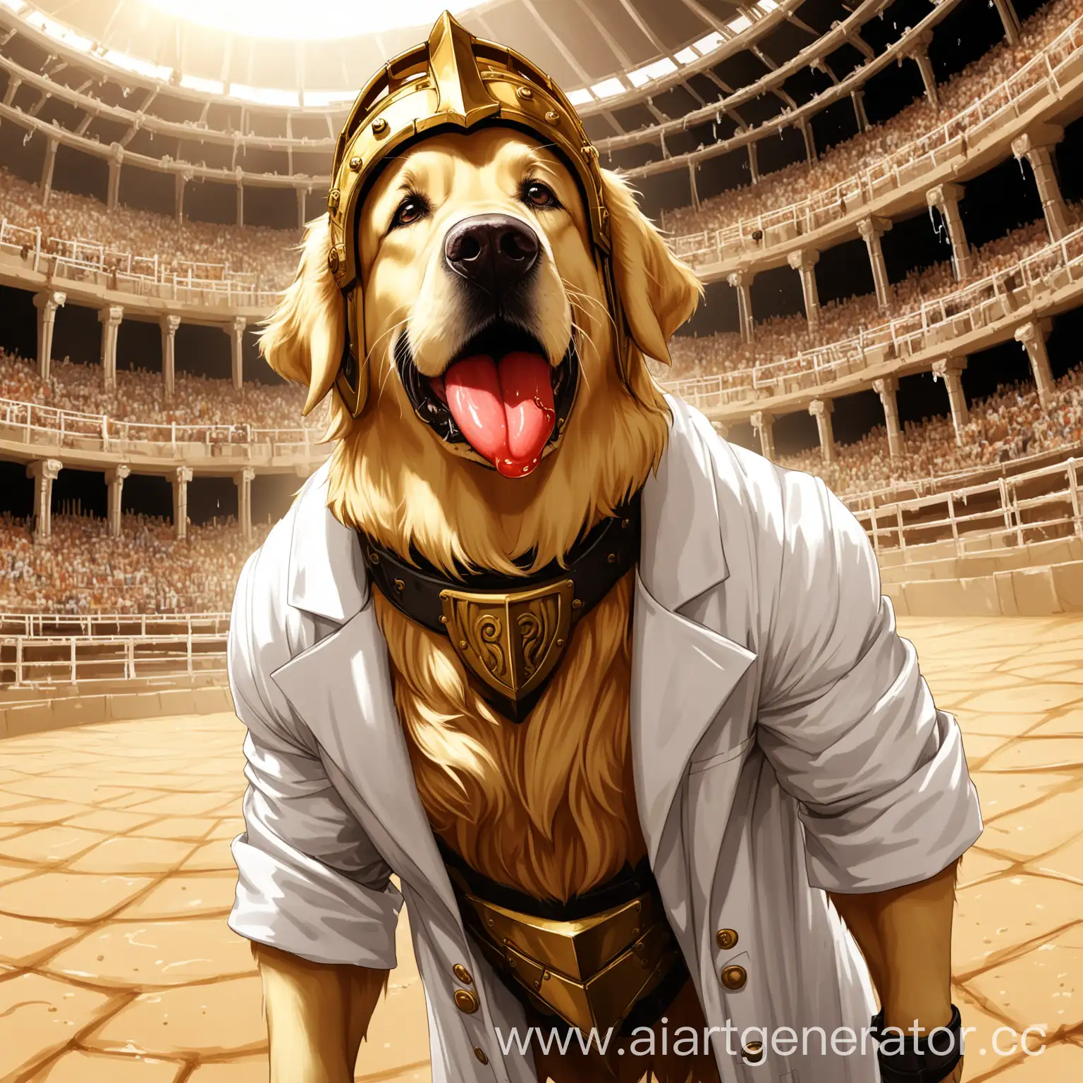  a golden retriver wearing lab coat , lab protect goggles , a gladiator helmet  , in the arena , more muscles ,  arc coloumns ,tongue hanging out and drool dripping. perspective 