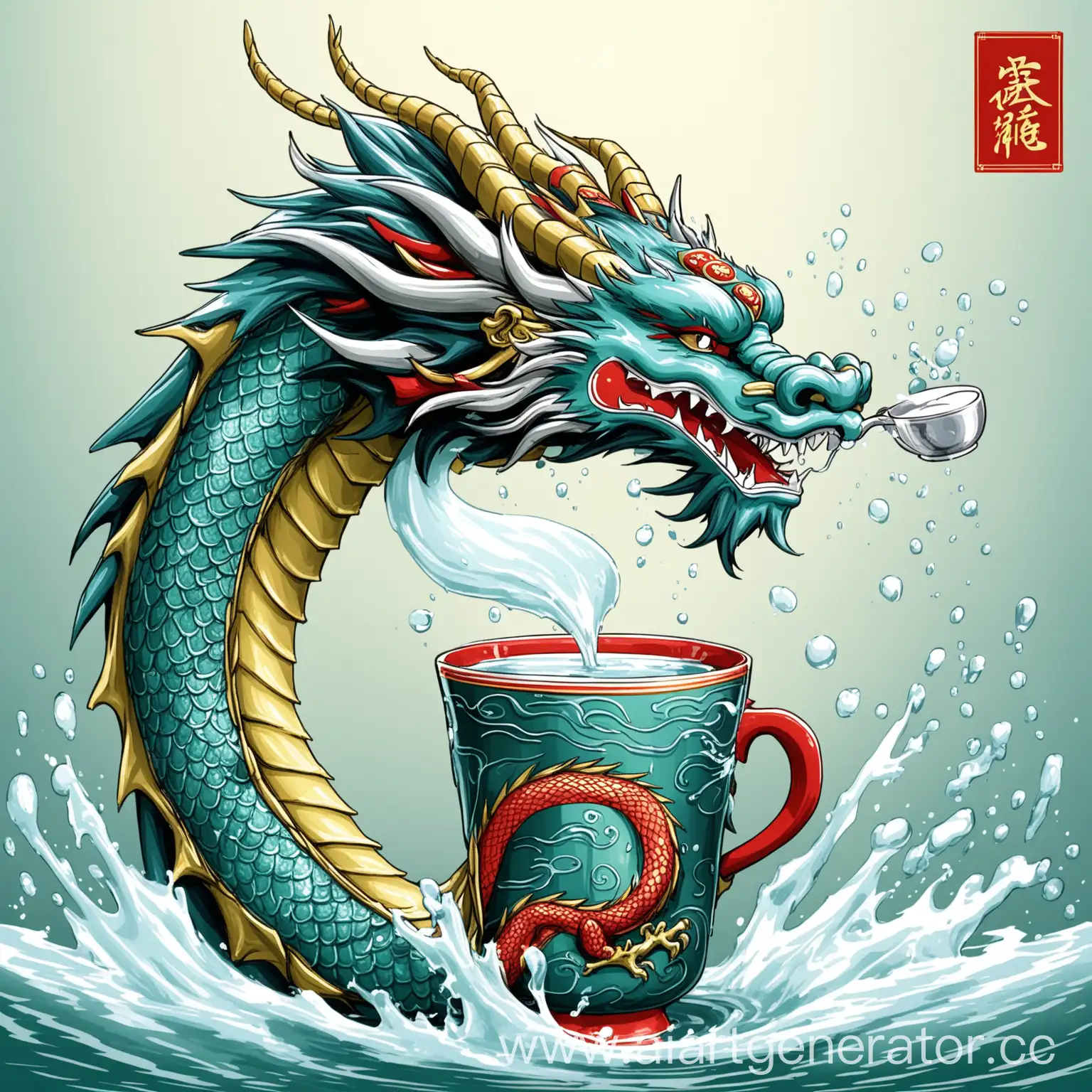 китайский дракон обнимает чашку и дует на водную гладь