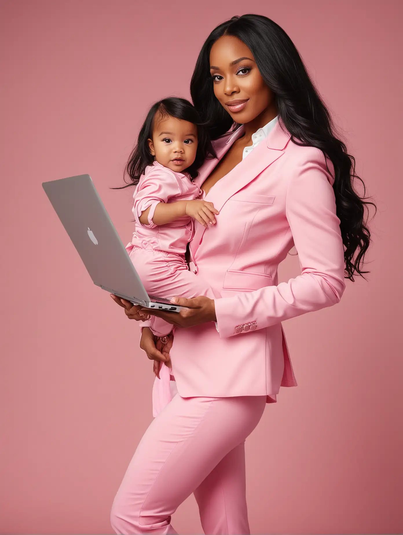 A professional African American woman, with long black hair extensions, gracefully balances her laptop work with holding her baby girl in her arms. She exudes confidence in a stylish pink suit, capturing the essence of a modern working mother in a full-body photoshoot.