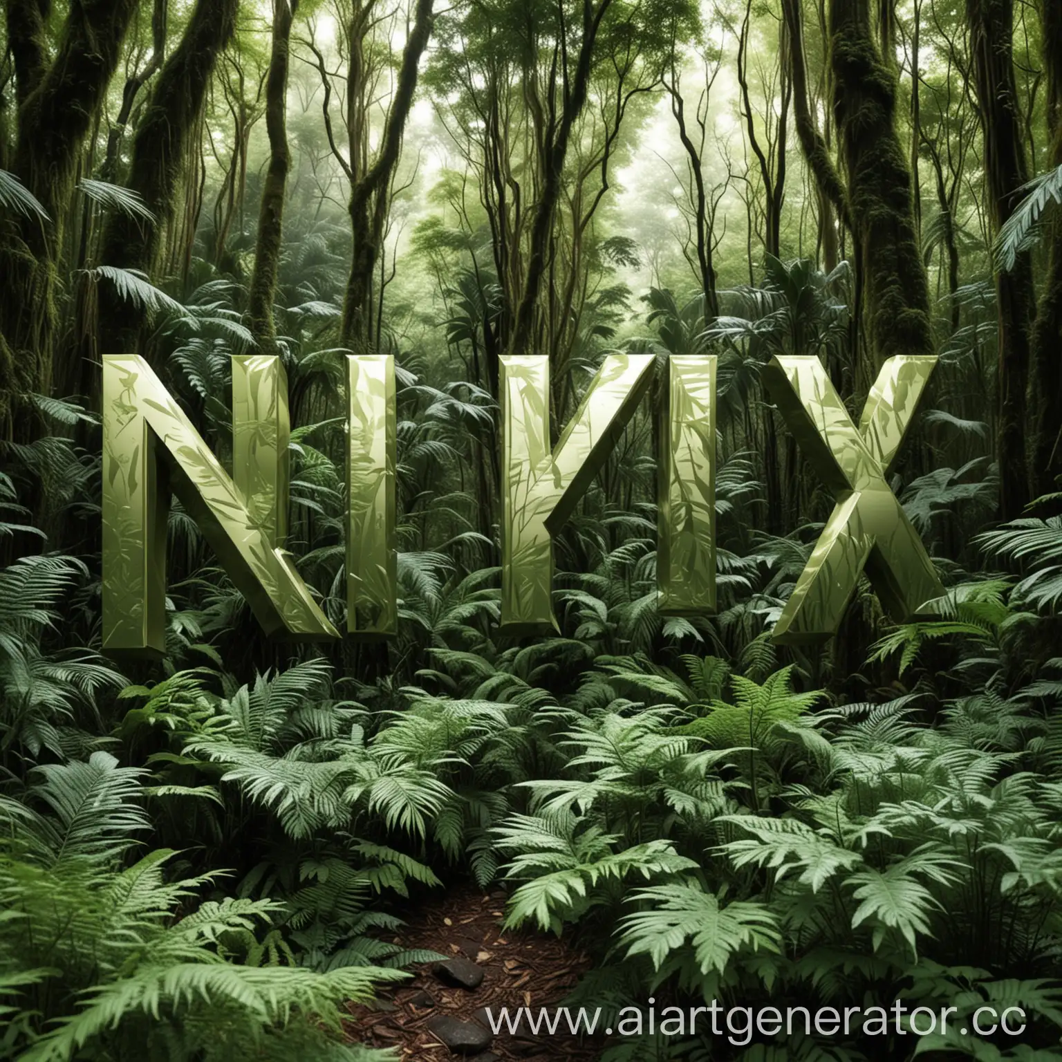  Создайте изображение с текстом "NzX" в красивом металлическом цвете на переднем плане. Фон должен состоять из густых джунглей с множеством зеленых листьев и высоких деревьев, создающих атмосферу дикой природы. Цвет текста должен быть ярко выделен на фоне, чтобы привлечь 
внимание.