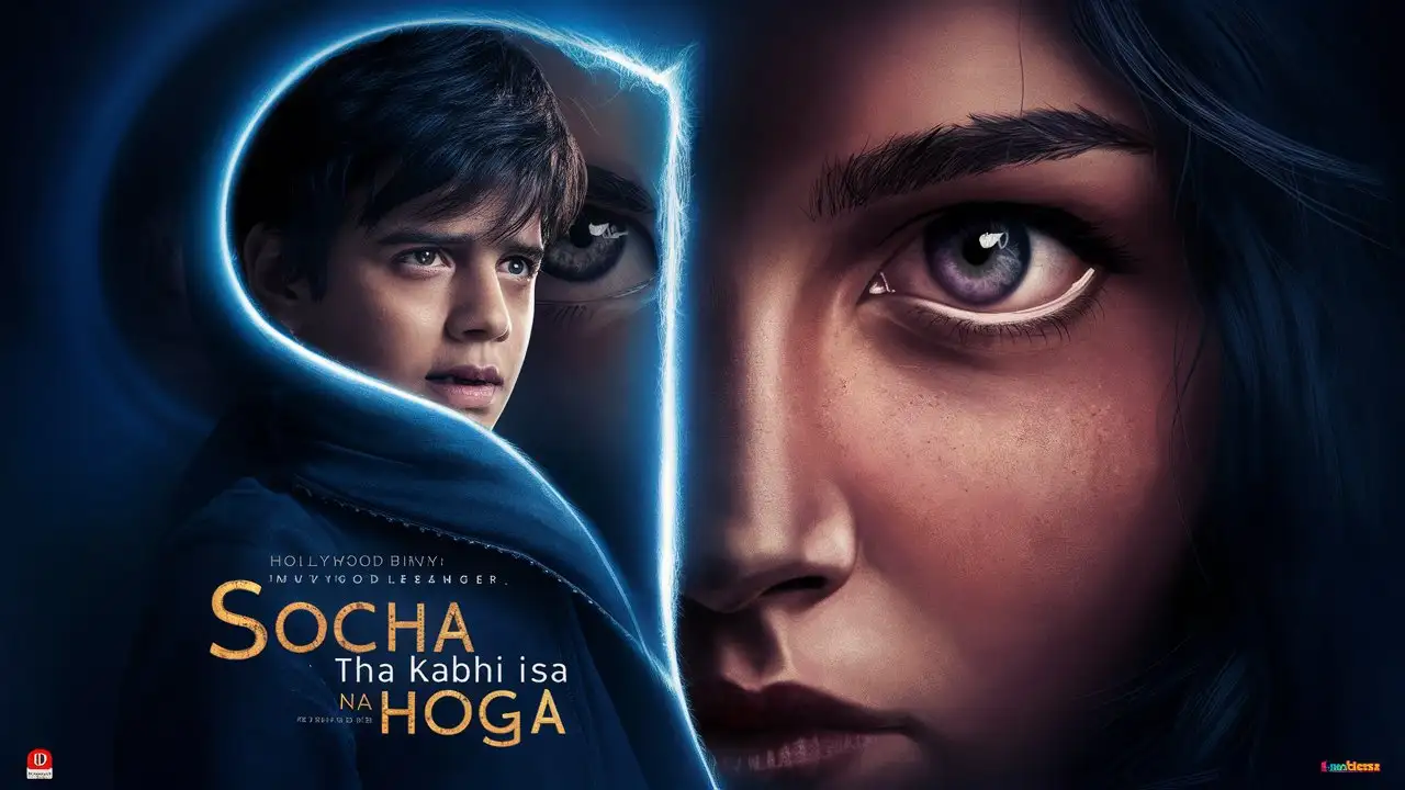You're a creative movie poster designer with years of experience in capturing attention with visuals. Your task is to create a Hollywood movie-style poster with the title "Socha Tha Kabhi Aisa Na Hoga." The poster should feature a young boy aged 20 to 25 years. Additionally, a girl's eye should be prominently shown in the poster, with the reflection of the boy's photo visible in that eye, symbolizing a mysterious connection.
Ensure the poster design is captivating, intriguing, and plays with the theme of unexpected connections or fate. The visual elements should evoke curiosity and interest, drawing the viewer into the story behind the poster.
Here are some examples of how you can create this poster: Using contrasting colors to highlight the eye's reflection, incorporating subtle details to add depth to the storyline, or playing with light and shadow to create a sense of mystery and drama. Make sure the final poster is visually striking and leaves a lasting impression on the audience.
 A title is required in the poster. , Title: "Socha Tha Kabhi Aisa Na Hoga" 
