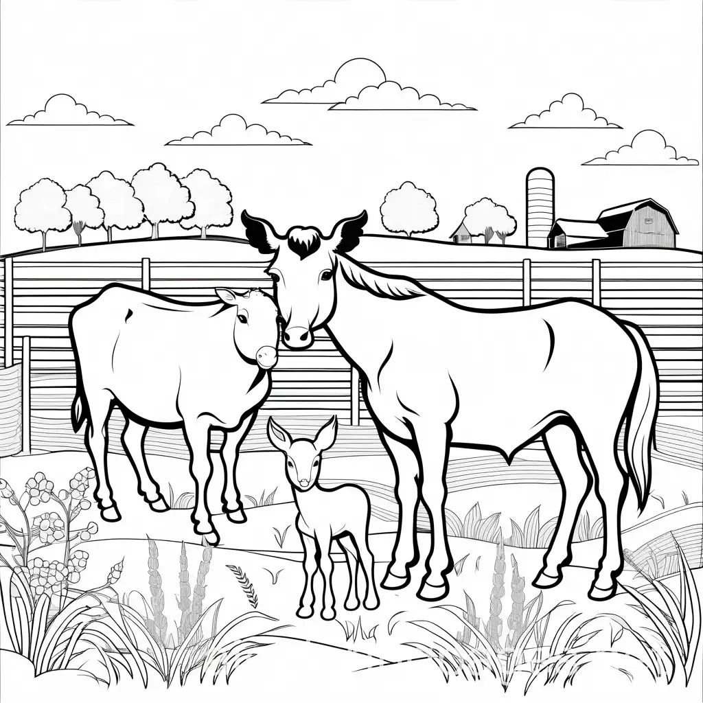 farm animals for kids 

, Coloring Page, black and white, line art, white background, Simplicity, Ample White Space. The background of the coloring page is plain white to make it easy for young children to color within the lines. The outlines of all the subjects are easy to distinguish, making it simple for kids to color without too much difficulty