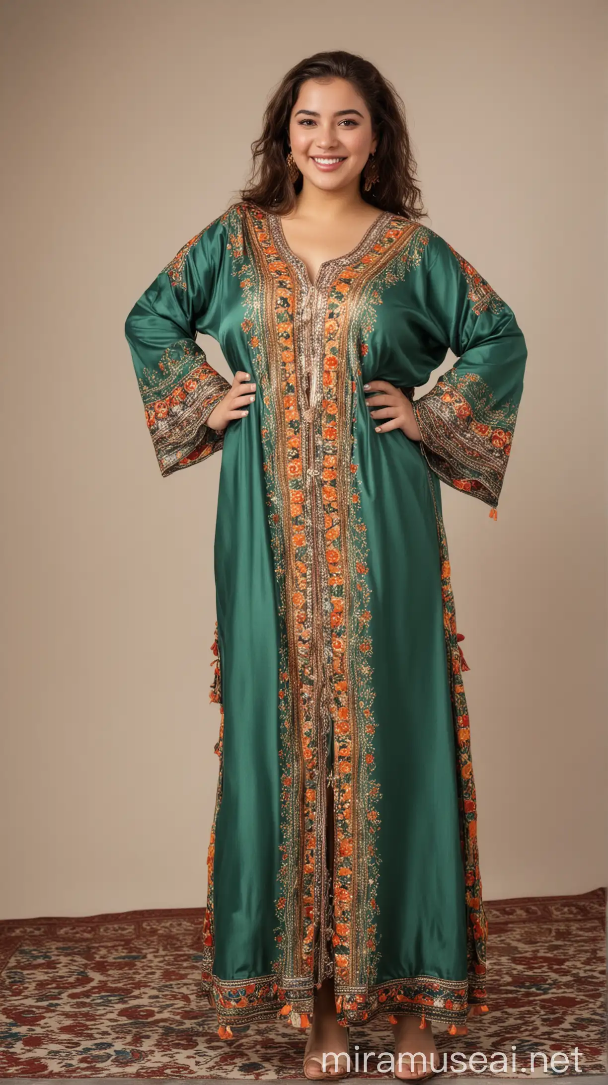  Plus size, beautiful,full body of an algerian woman, smiling, and dressed in a conservative  algerian  traditional caftan , looking lovingly at a brunette woman