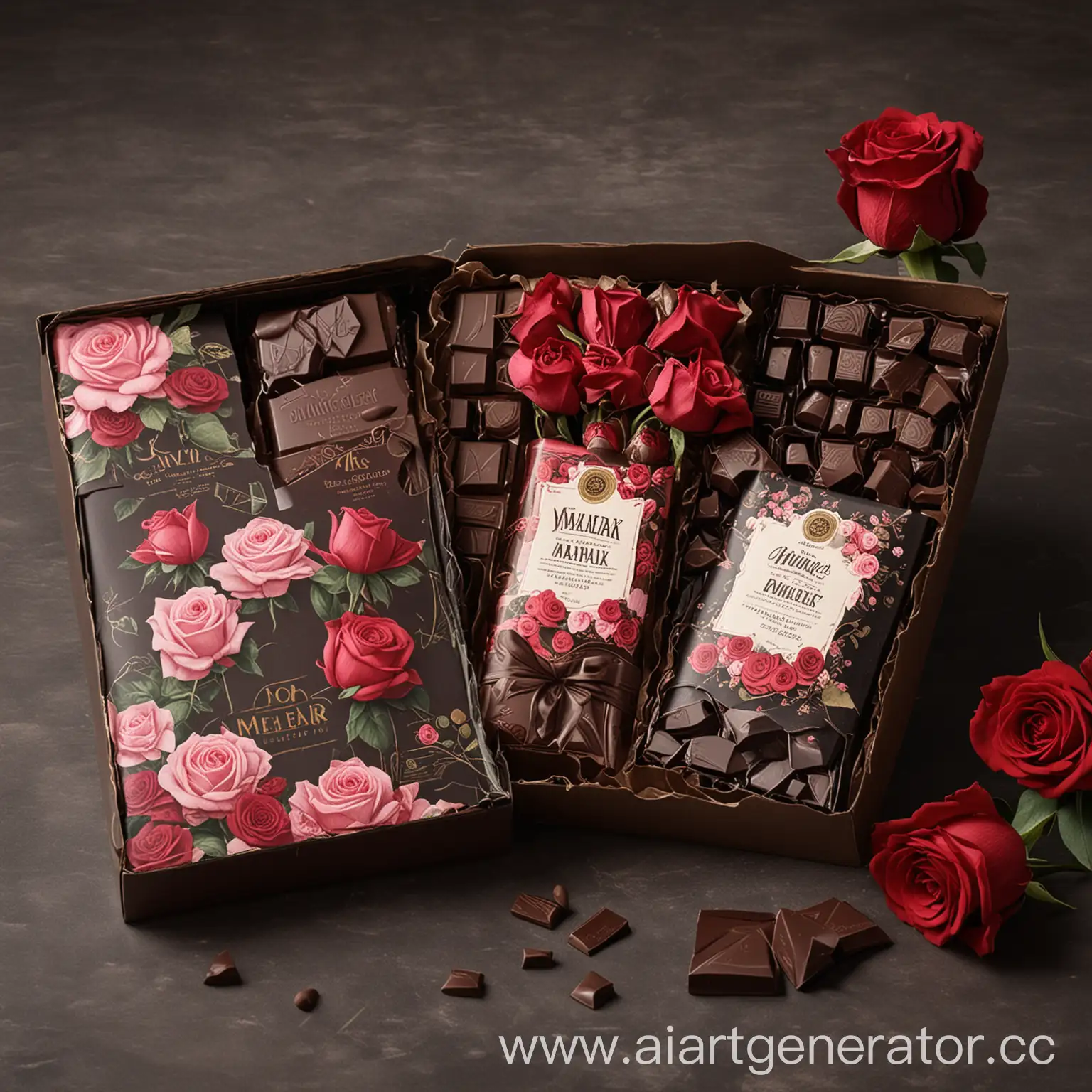 Elegant-Packaging-of-Milk-and-Dark-Chocolate-with-Roses-and-Miners