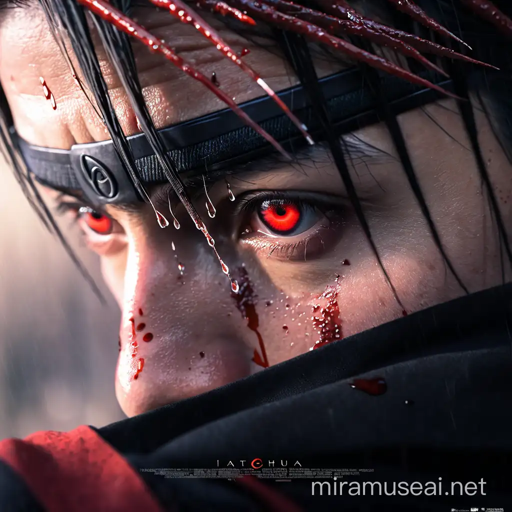 Realistic Itachi Uchiha 8K Portrait with Intense Blood Splatter