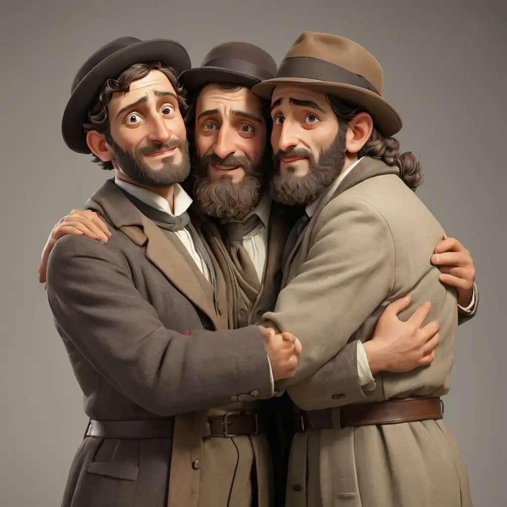 евреи обнимаются. во французской одежде 20 века. без фона. стиль реализм, 3д-анимация.
