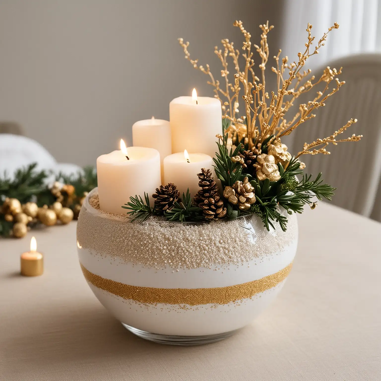 small and simple DIY elegant winter centerpiece with a white fishbowl vase and gold sand