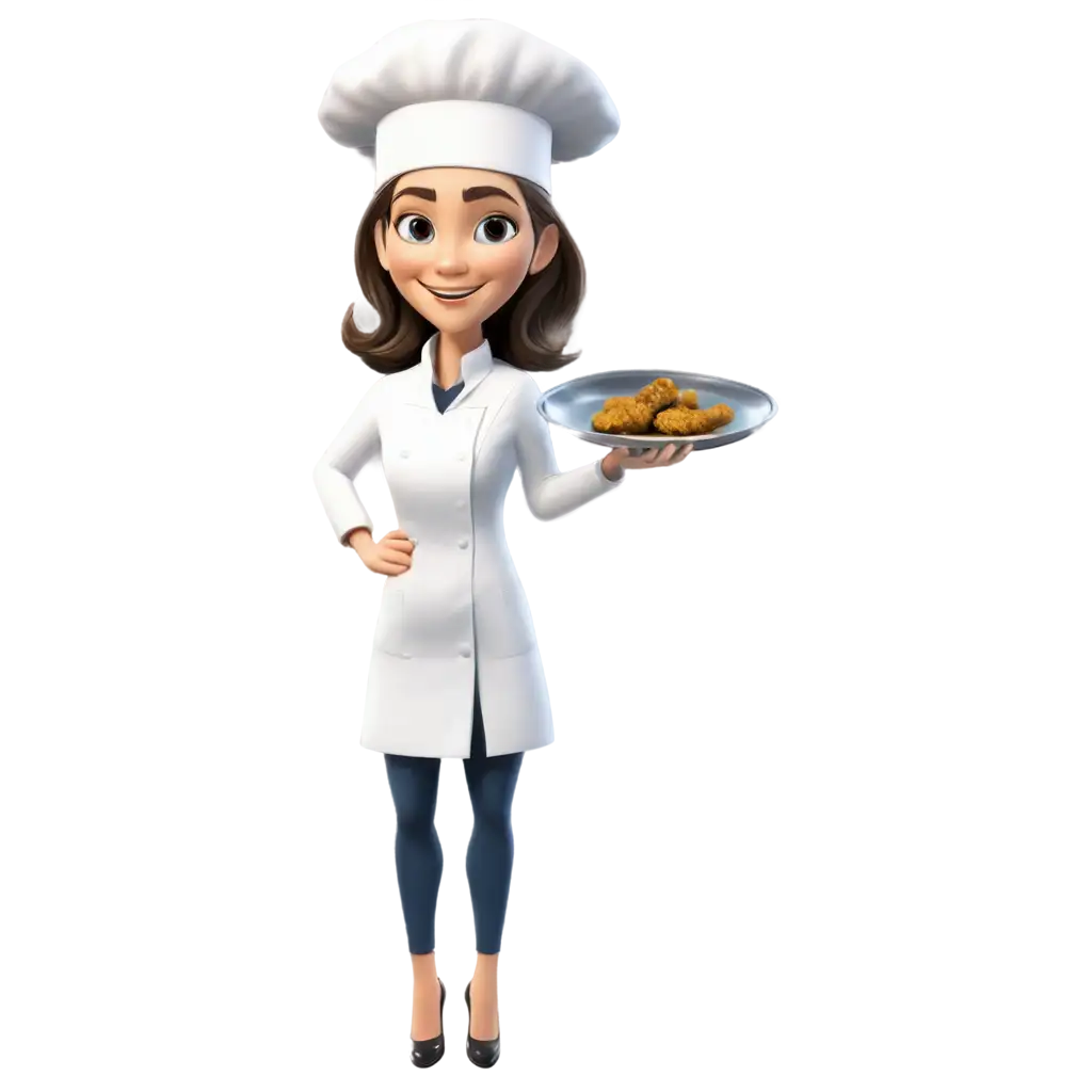 chef woman boss in white coat holding frying pan with fried fish, isolated on white background, blue accents, funny illustration