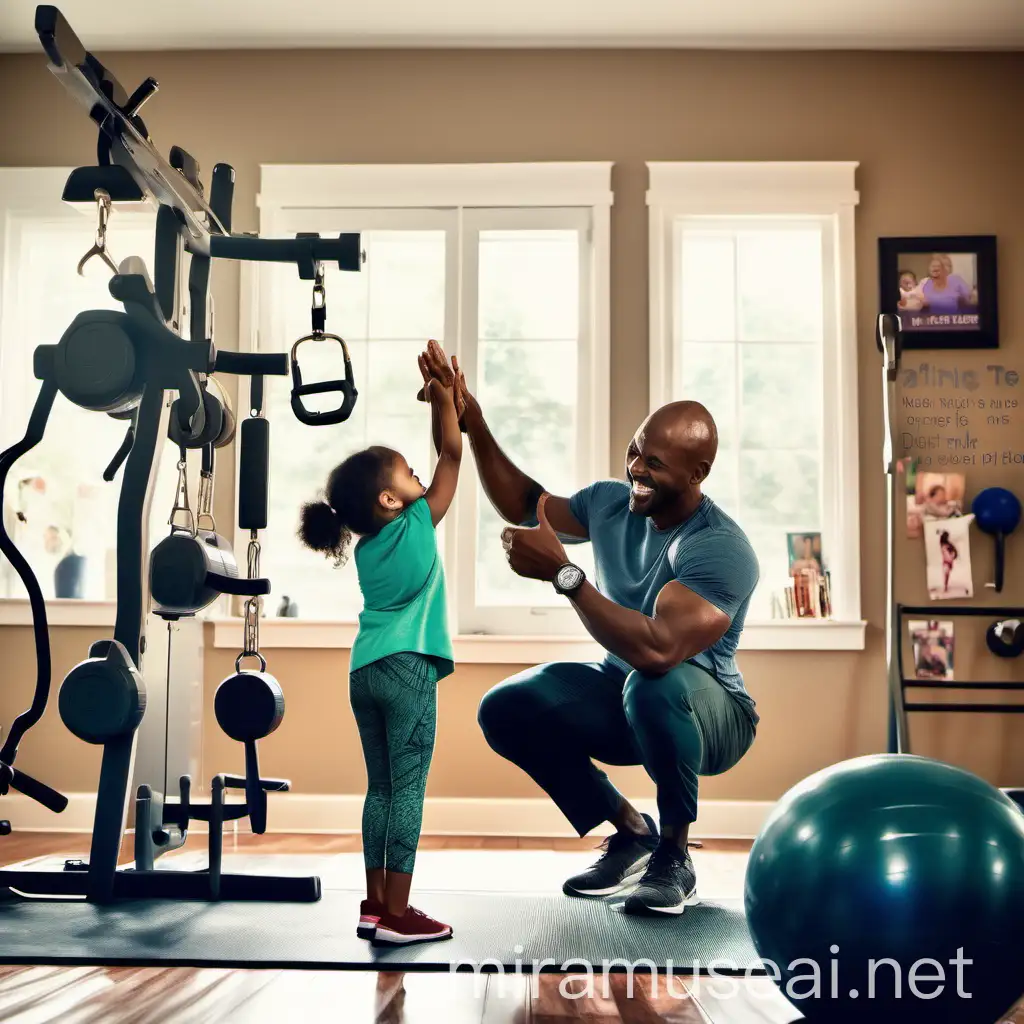 Father and Child Bonding in Home Gym Motivational Family Fitness