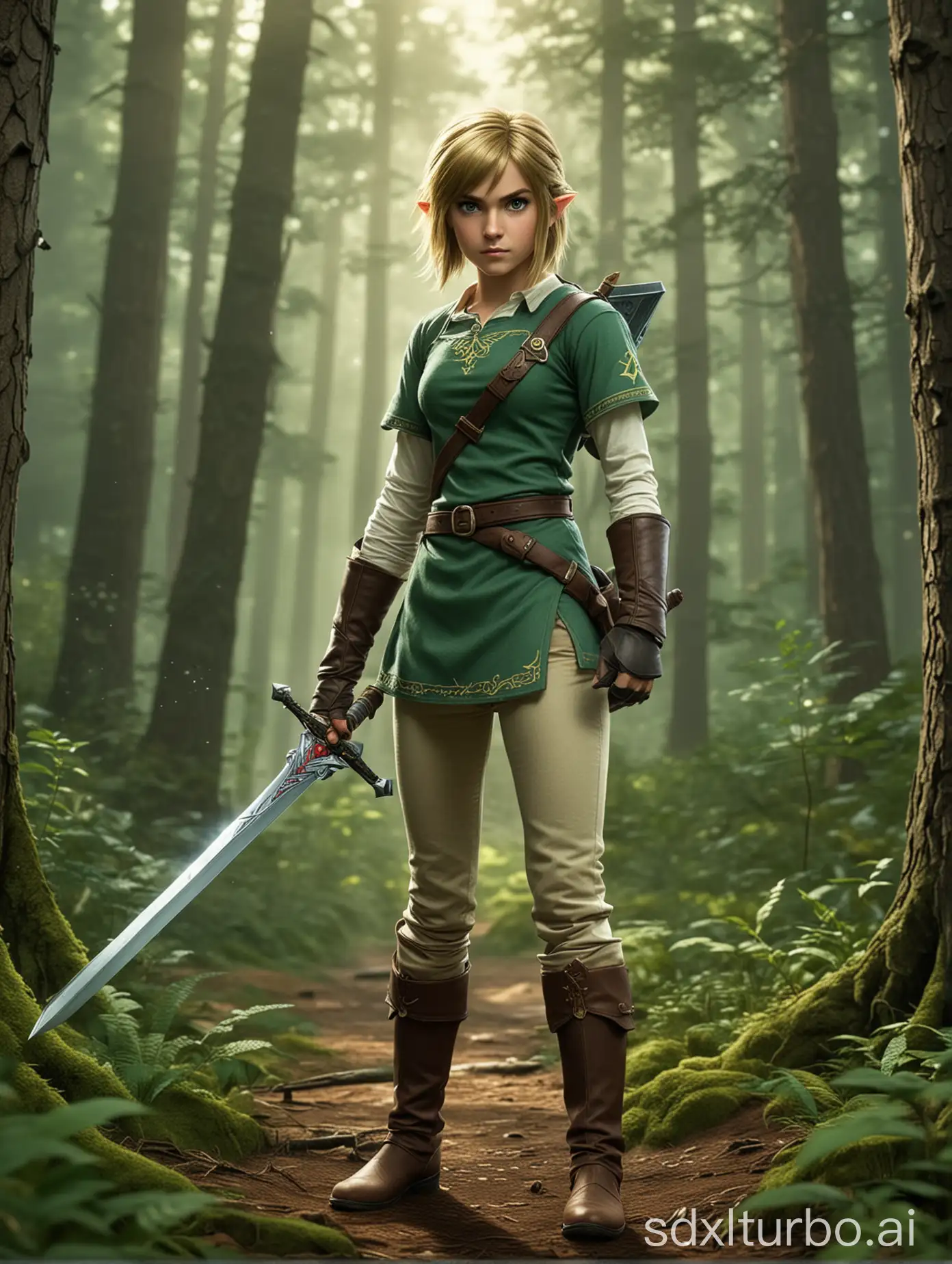 Link as a teen girl, short hair, in a forest, wielding a sword, Legend of Zelda