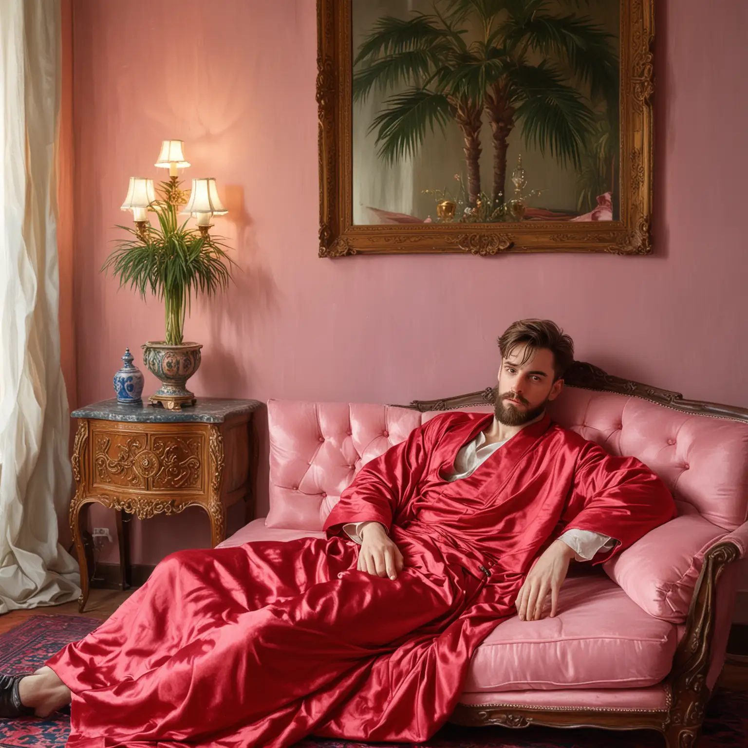Melancholic Young Man in Red Silk Robe on Pink Velvet Sofa