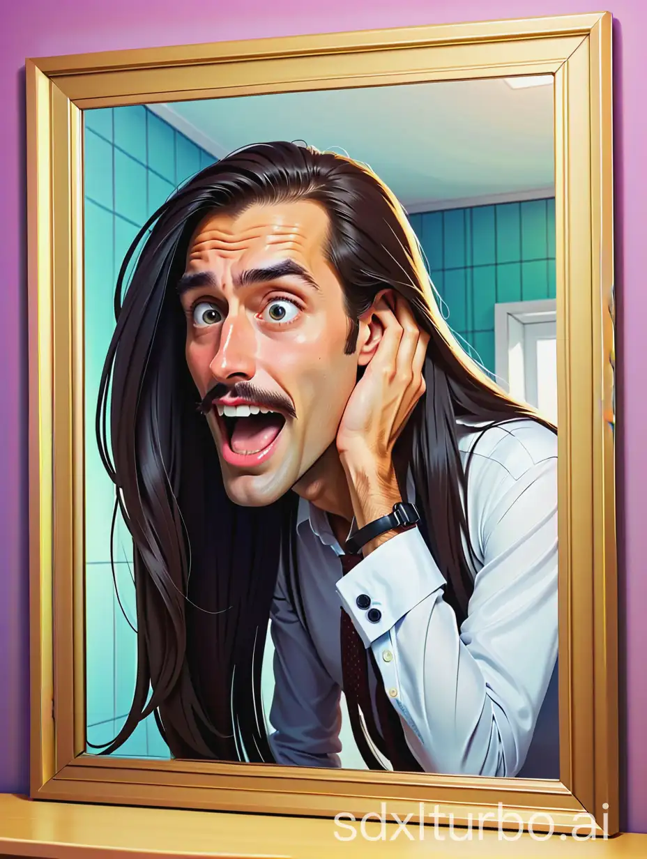 Amazed-Cartoon-Man-with-Extra-Long-Black-Hair-in-Mirror