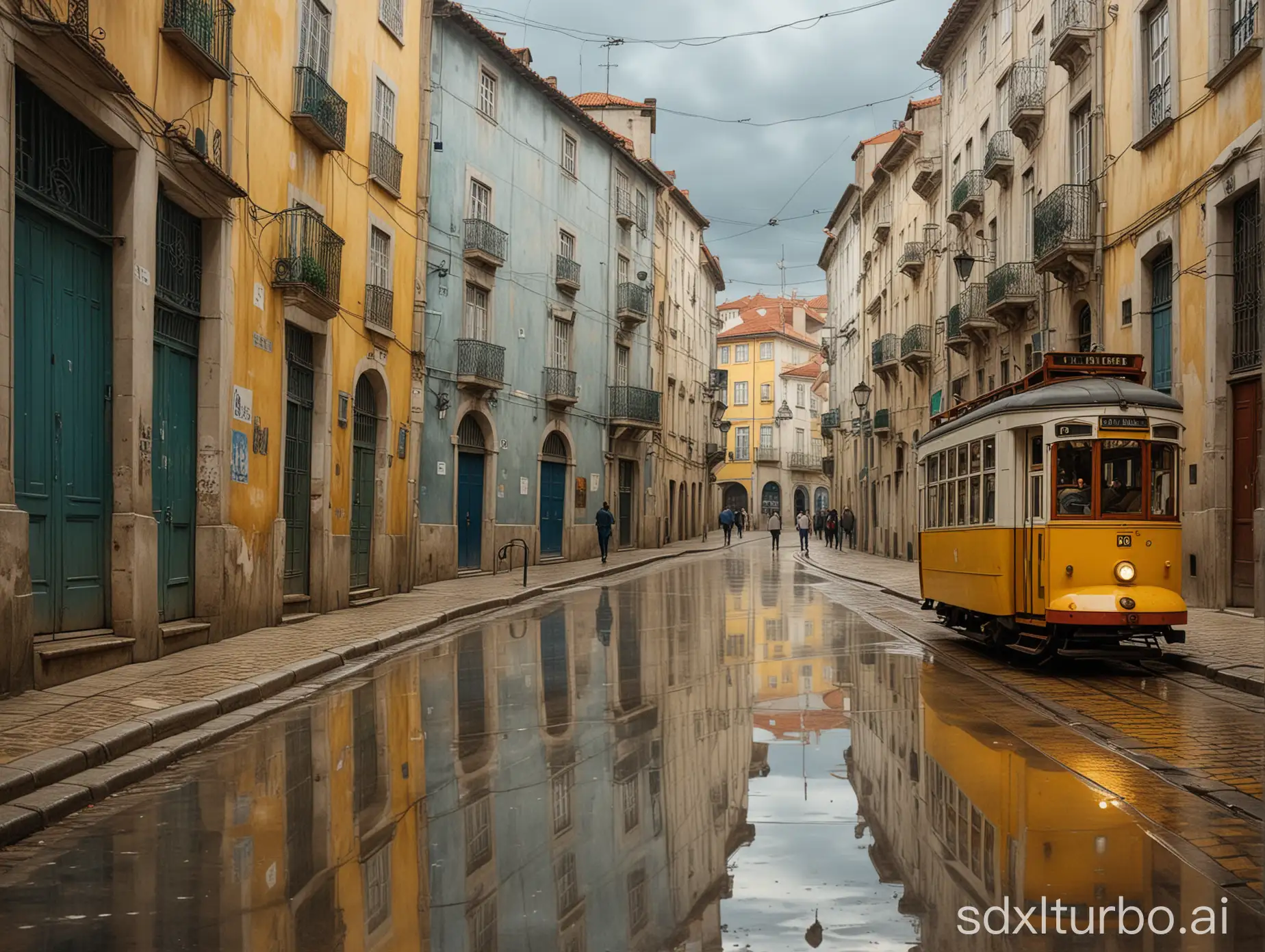 A mesmerizing conceptual oil painting depicting the bustling streets of Lisbon. A yellow tram glides gracefully along cobblesto

ne paths, reflecting the warm ambient light and casting a golden glow on the wet pavement. People with umbrellas move about, their reflections shimmering on the sidewalks. The Portuguese-style architecture is adorned with intricate details, and a striking rooster tile proudly graces the wall of a house. The sky is a beautiful blend of blue and gray, with the occasional raindrop hinting at the recent downpour. This artwork masterfully combines conceptual art, graffiti, wildlife photography, and illustration into a vibrant, enchanting scene that captures the essence of Lisbon's old city., wildlife photography, vibrant, graffiti, conceptual art, illustration