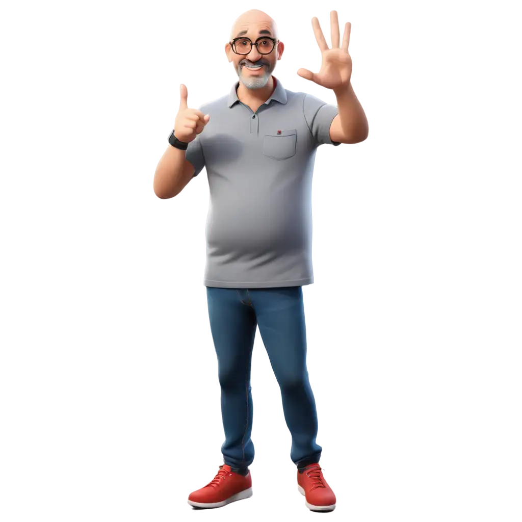 a 51-year-old man, Disney Pixar style, pot-bellied, bald, with glasses and a thin gray beard, wearing jeans, a gray shirt with red collars, black sneakers, giving a cool sign