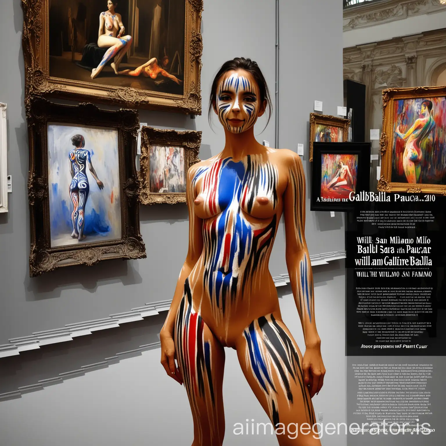 paint and photography with a nude model bodypaint with text about the event in Gallerie San Babila (Milano) and the famous artist painter Will Paucar