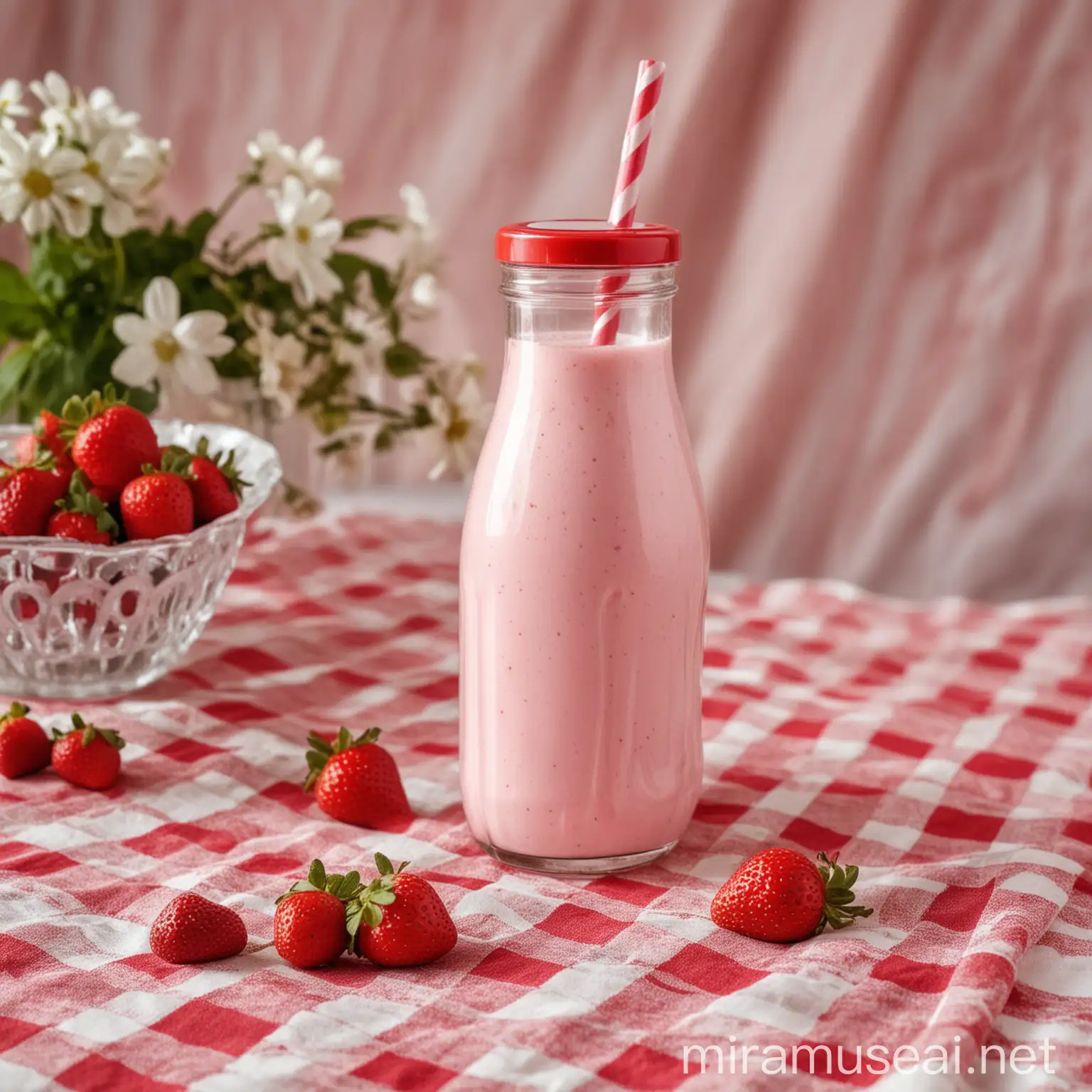 strawberry milkshake in a bottle on a table with a nice tablecloth