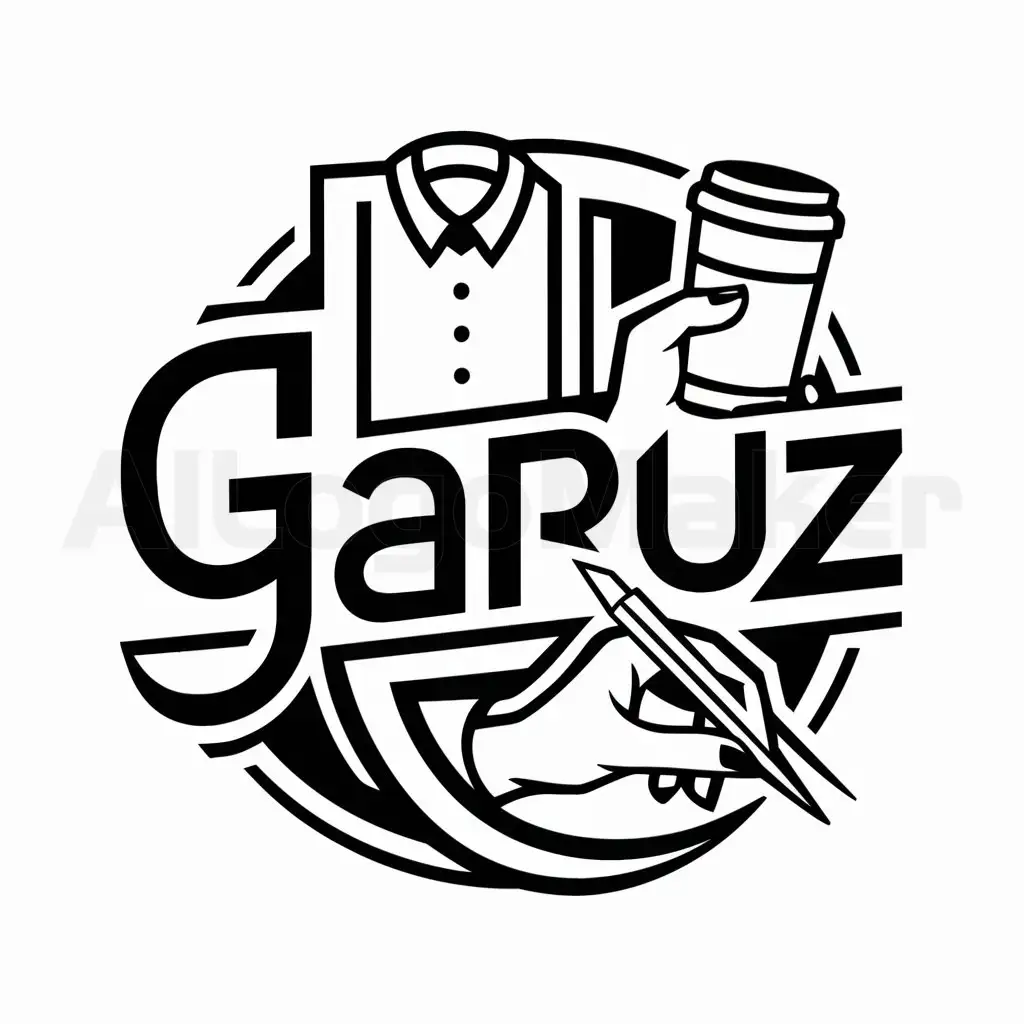 a logo design,with the text "GARUZ", main symbol:a shirt, a thermal cup and a hand applying vinyl adhesive,complex,be used in Technology industry,clear background