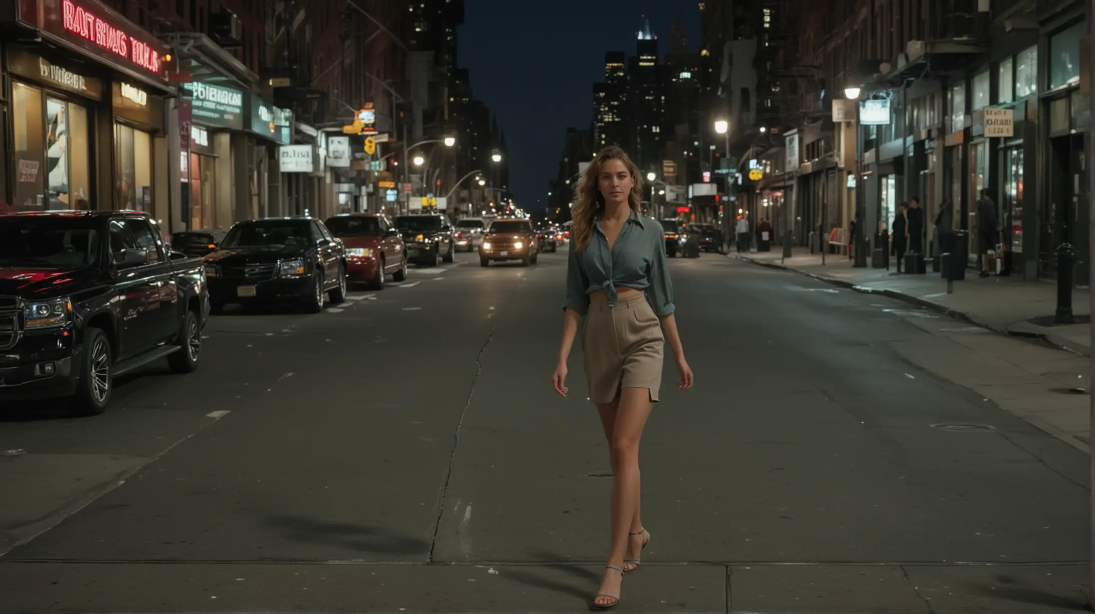 Fashionable Young Woman Walking on New York City Street at Night