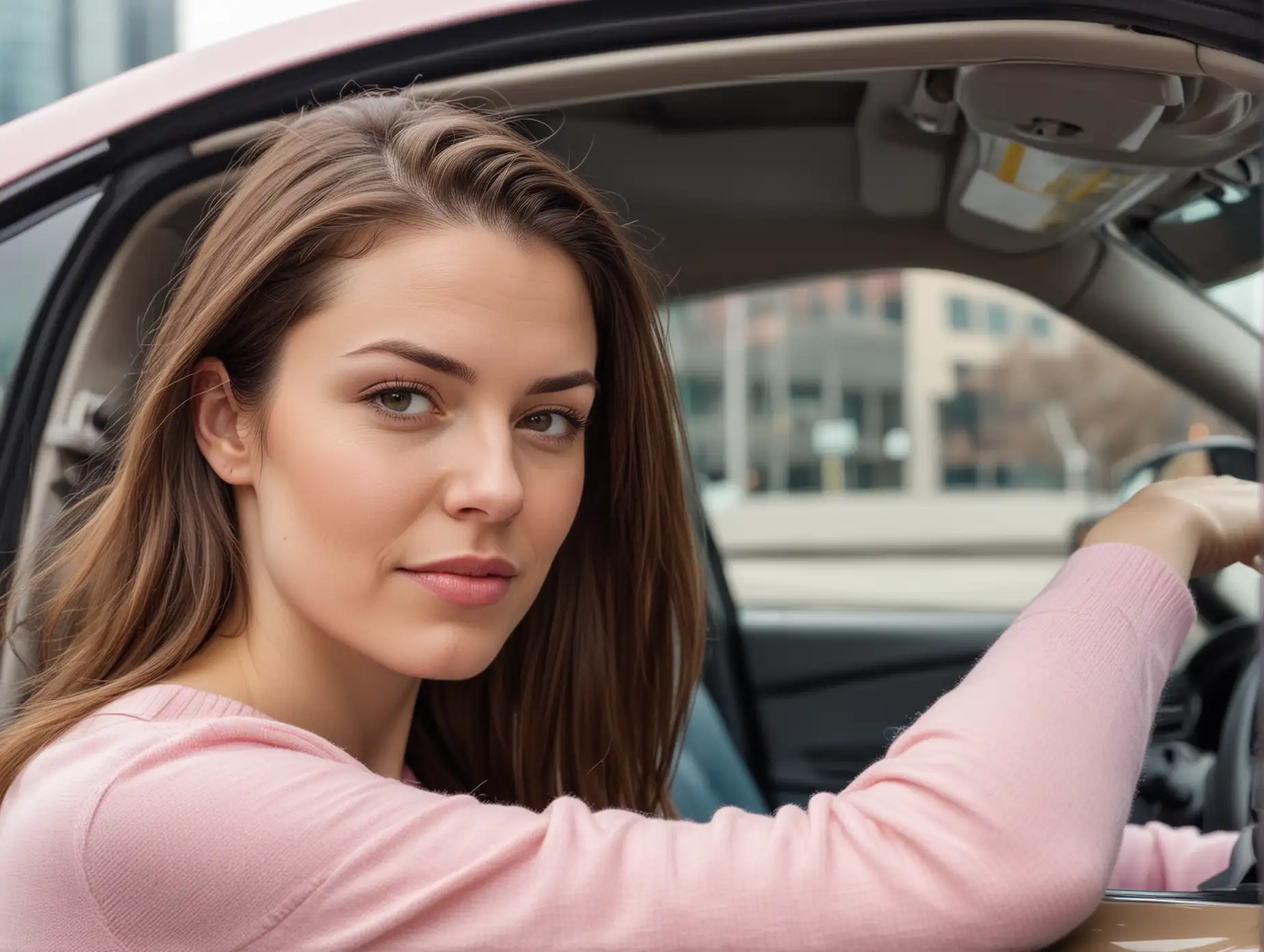 Closeup of 30 year old pale white woman with chocolate brown long hair parted to one side. She is wearing a pink sweater and blue jeans. She is behind the wheel of a modern gray hatchback, modern skyscraper setting