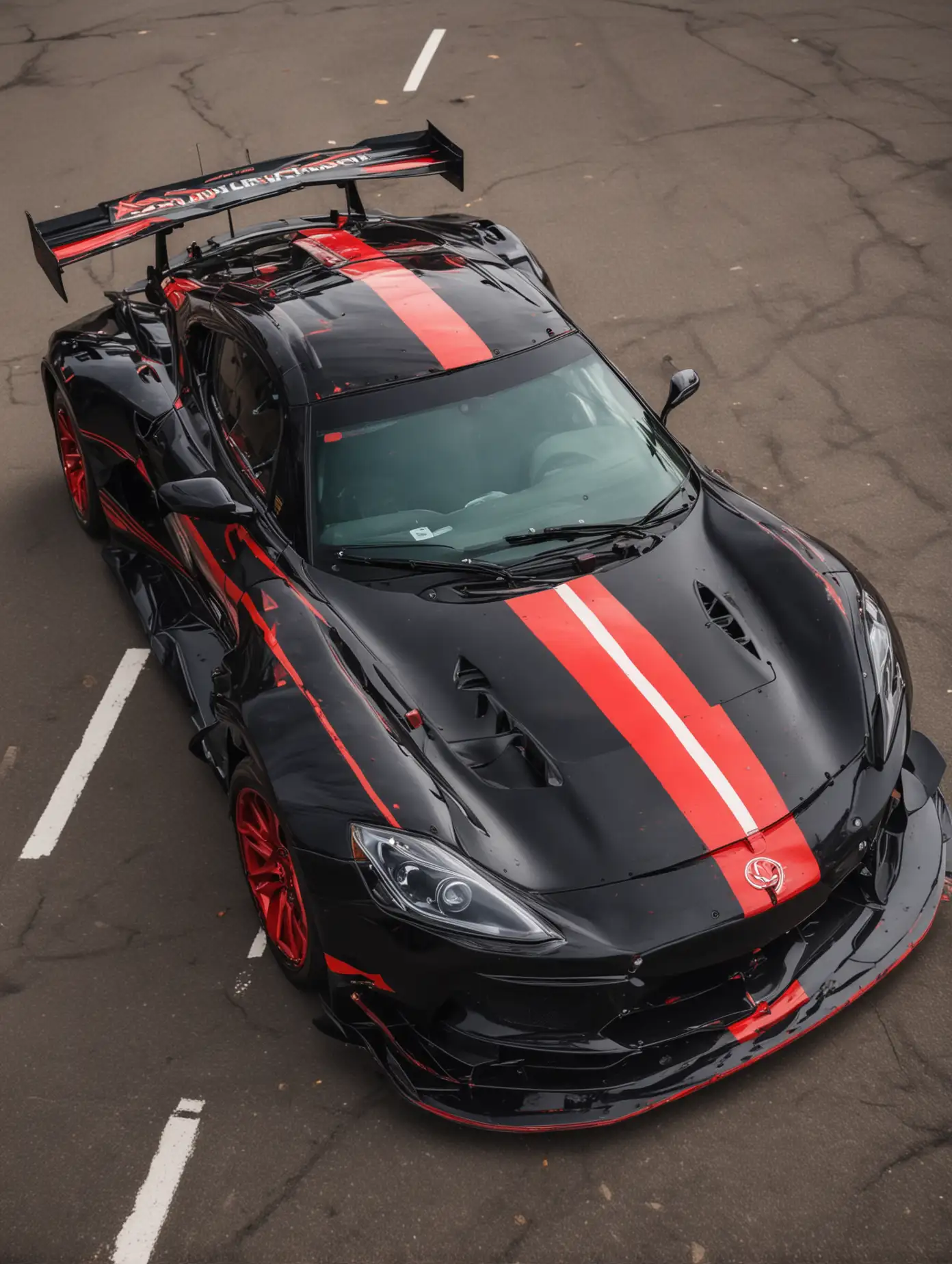 Sleek Black Race Car with Vibrant Red Stripe on Hood