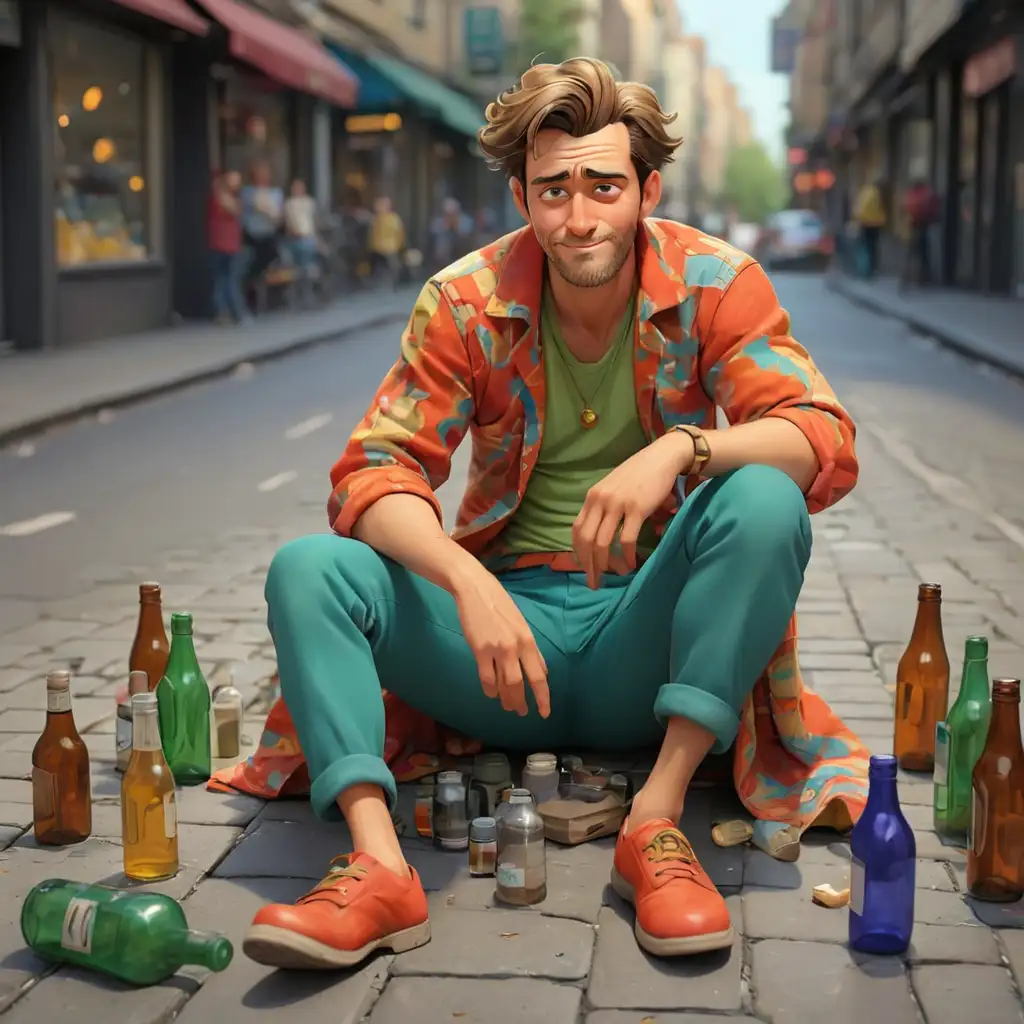 мультяшный красивый мужчина пьяный ярко одетый сидит на полу на оживленной людьми улицы с бутылками в руках в полный рост с бутылками