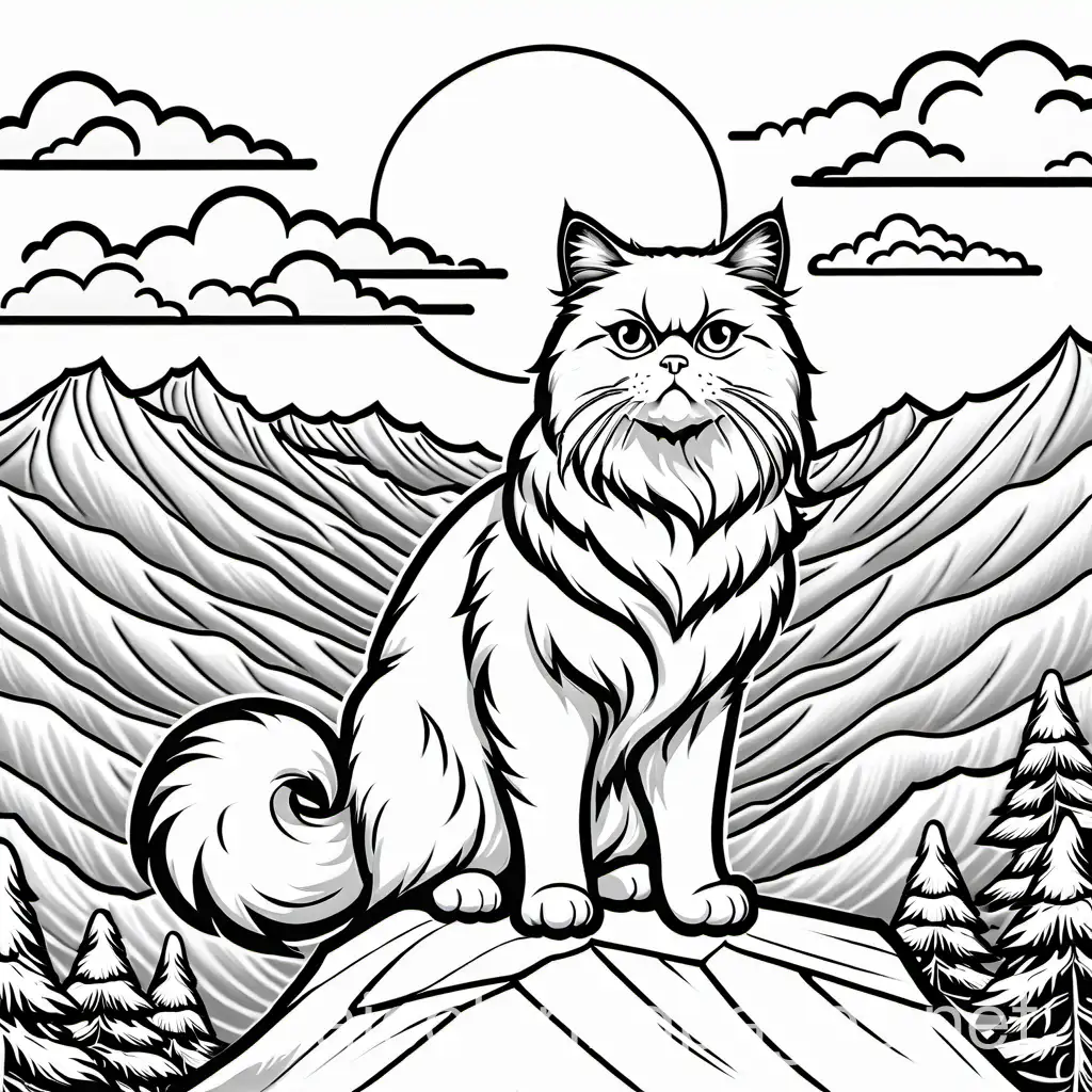 Himalayan Cat on top of himalayan mountain ranges and clouds in the background, Coloring Page, black and white, line art, white background, Simplicity, Ample White Space. The background of the coloring page is plain white to make it easy for young children to color within the lines. The outlines of all the subjects are easy to distinguish, making it simple for kids to color without too much difficulty