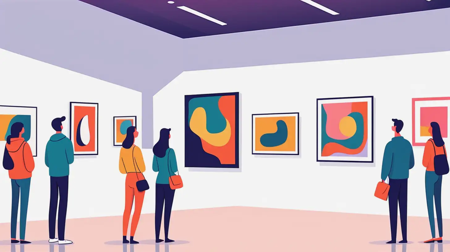 Exhibition visitors viewing modern abstract paintings at contemporary art gallery. People regarding creative artworks or exhibits in museum. Colorful vector illustration in flat cartoon style