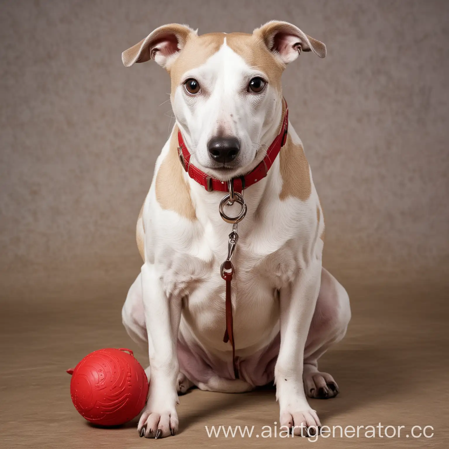 Фотографию очень толстой собаки породы уиппет рыжего с белым окраса. 