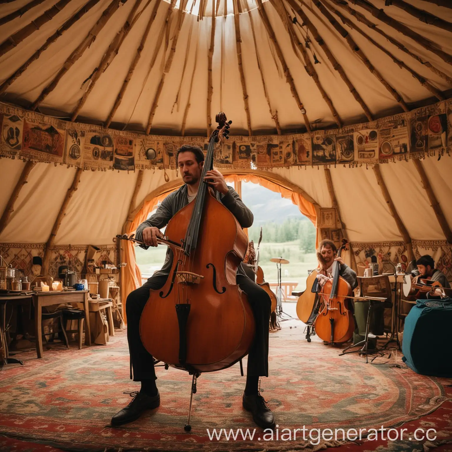 Contrabassist-Playing-Double-Bass-in-Yurt-with-TeaDrinking-Guests