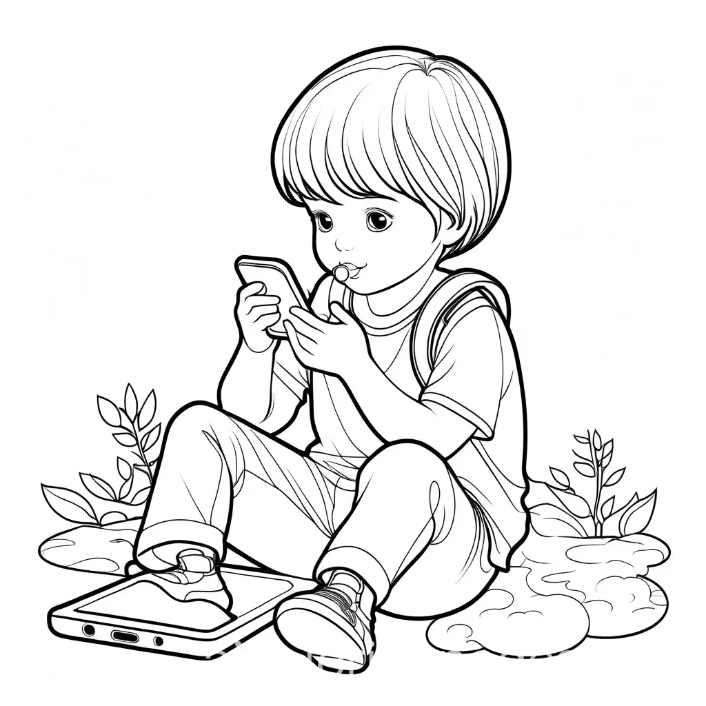 Coloring page child play phone, Coloring Page, black and white, line art, white background, Simplicity, Ample White Space. The background of the coloring page is plain white to make it easy for young children to color within the lines. The outlines of all the subjects are easy to distinguish, making it simple for kids to color without too much difficulty