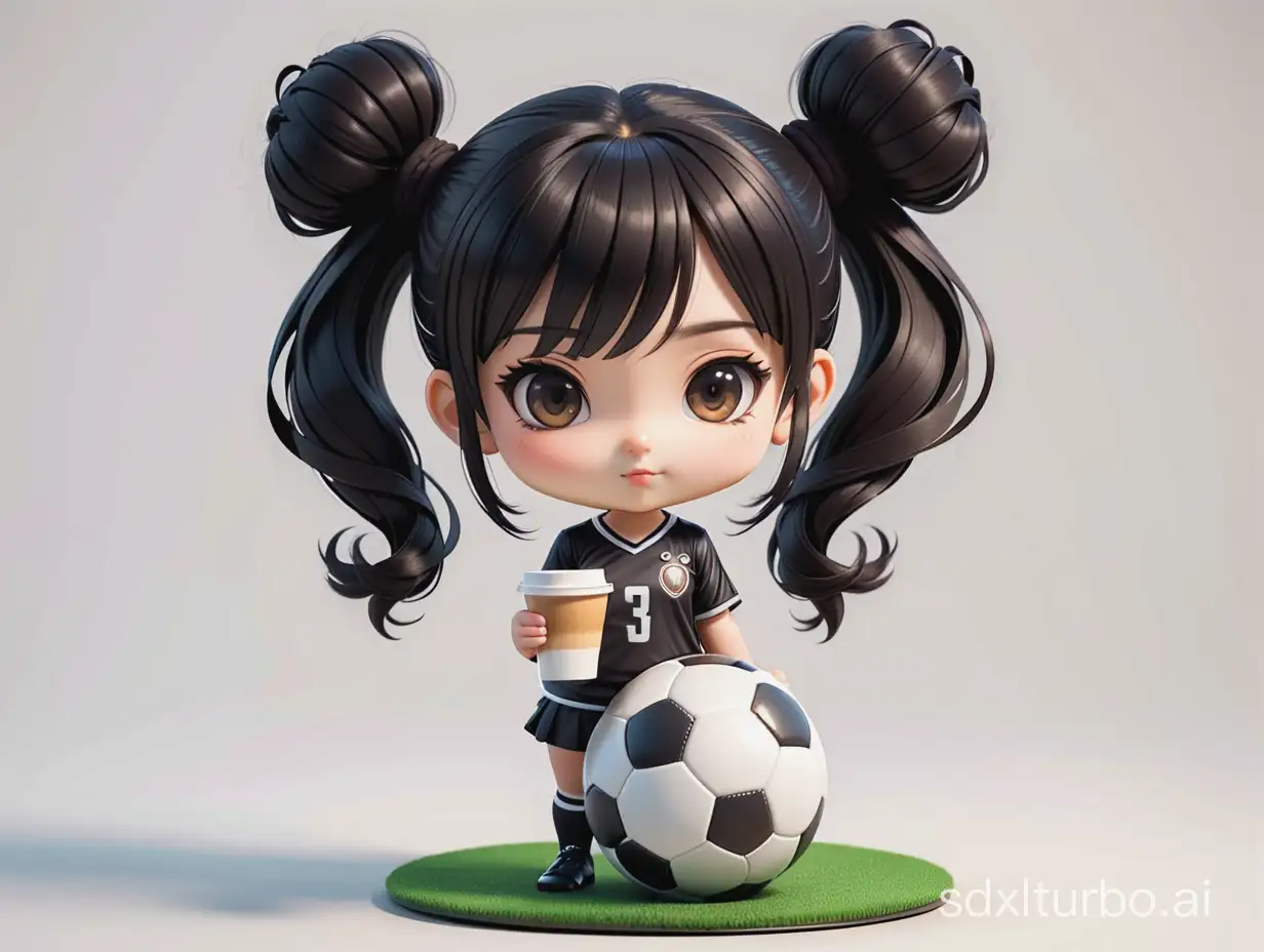 Chibi girl, holding a coffee, standing on a soccer ball, black hair tied into two buns, bangs, comic 3D style