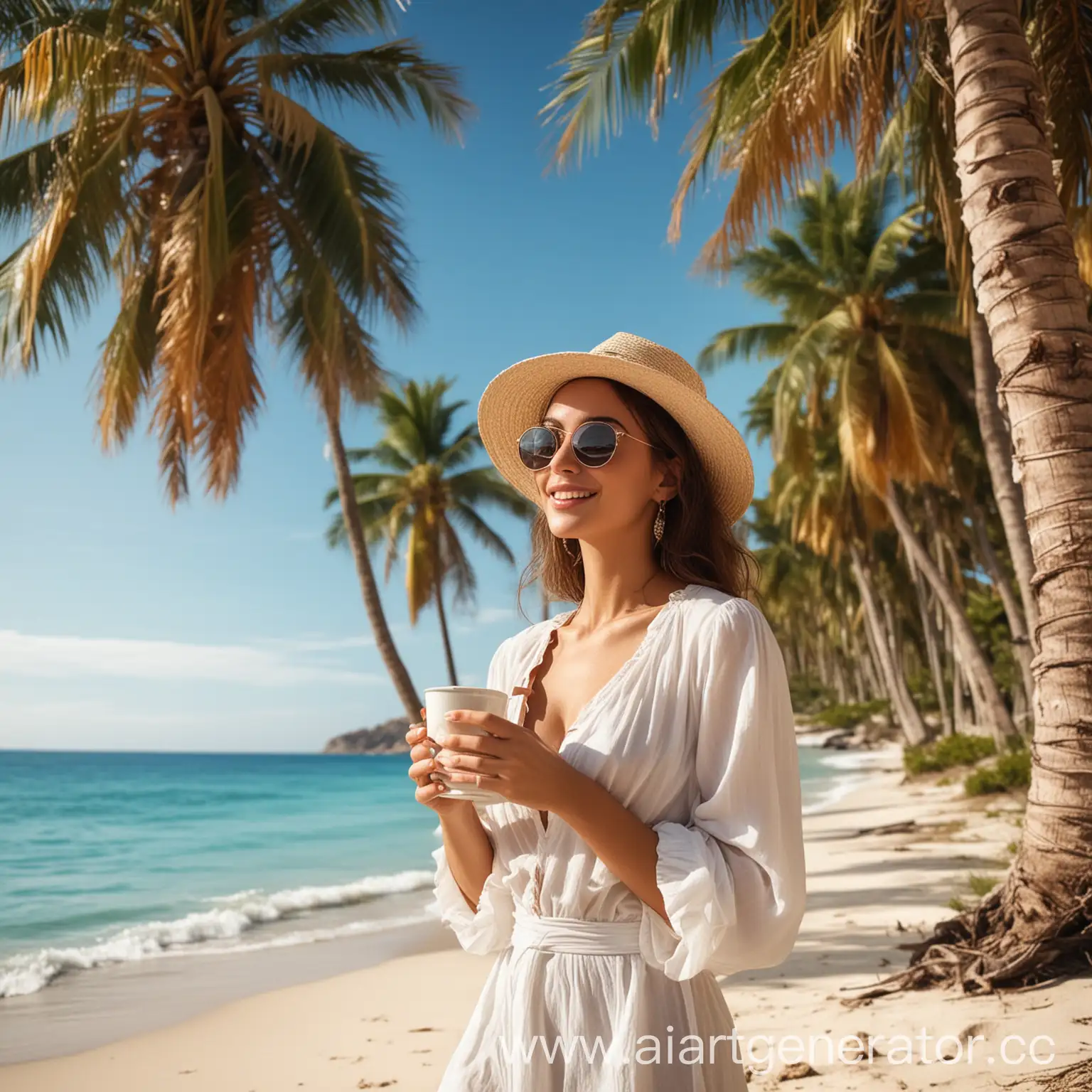 Luxurious-Woman-Enjoying-Coffee-on-Tropical-Beach