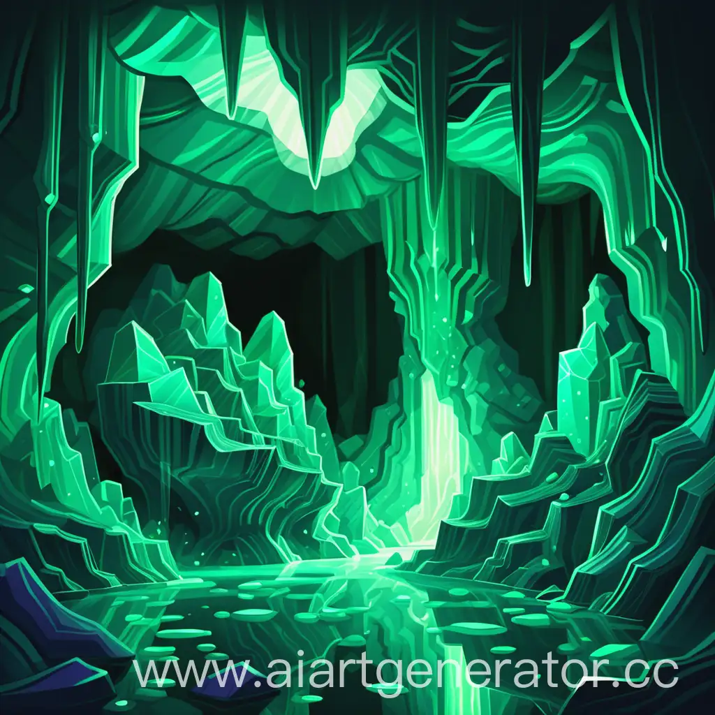 cartoon drawing of a deep malachite cave. magical green light, emerald, blue colors