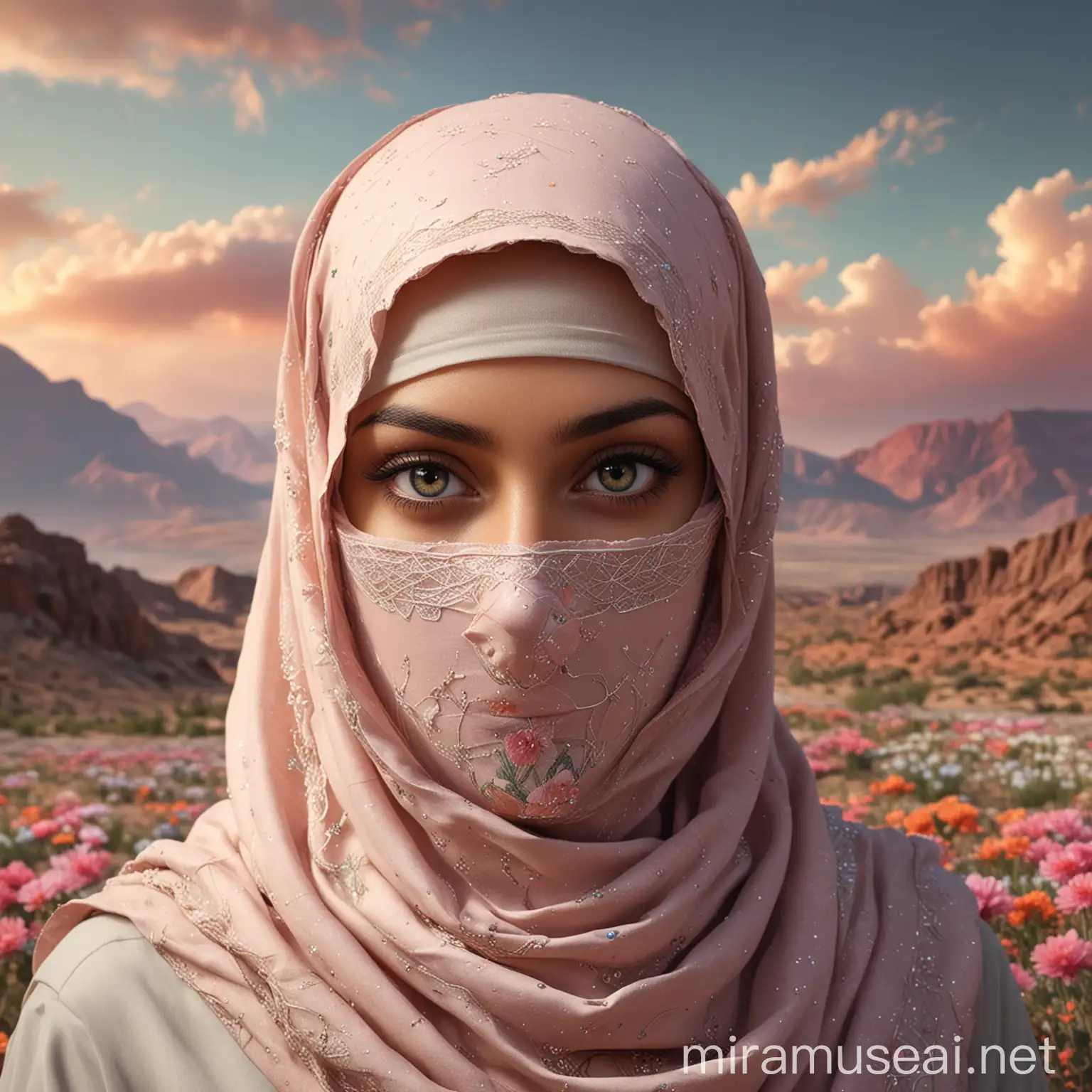 Create a hyper-realistic, 8K image of a woman wearing a hijab and niqab, ensuring only her eyes are visible. The image should capture intricate details, highlighting the texture and fabric of both the hijab and niqab. Focus on the natural expression in her eyes, conveying a sense of confidence and grace. The background should be softly blurred to emphasize the subject, with natural lighting enhancing the realism and depth of the image. with a seamless pattern on the background with featuring paper map from dark desert dirt mountains to sparkly bright heavenly pastel rainbow flower field with pastel fluffy clouds, in a harmonious artwork
