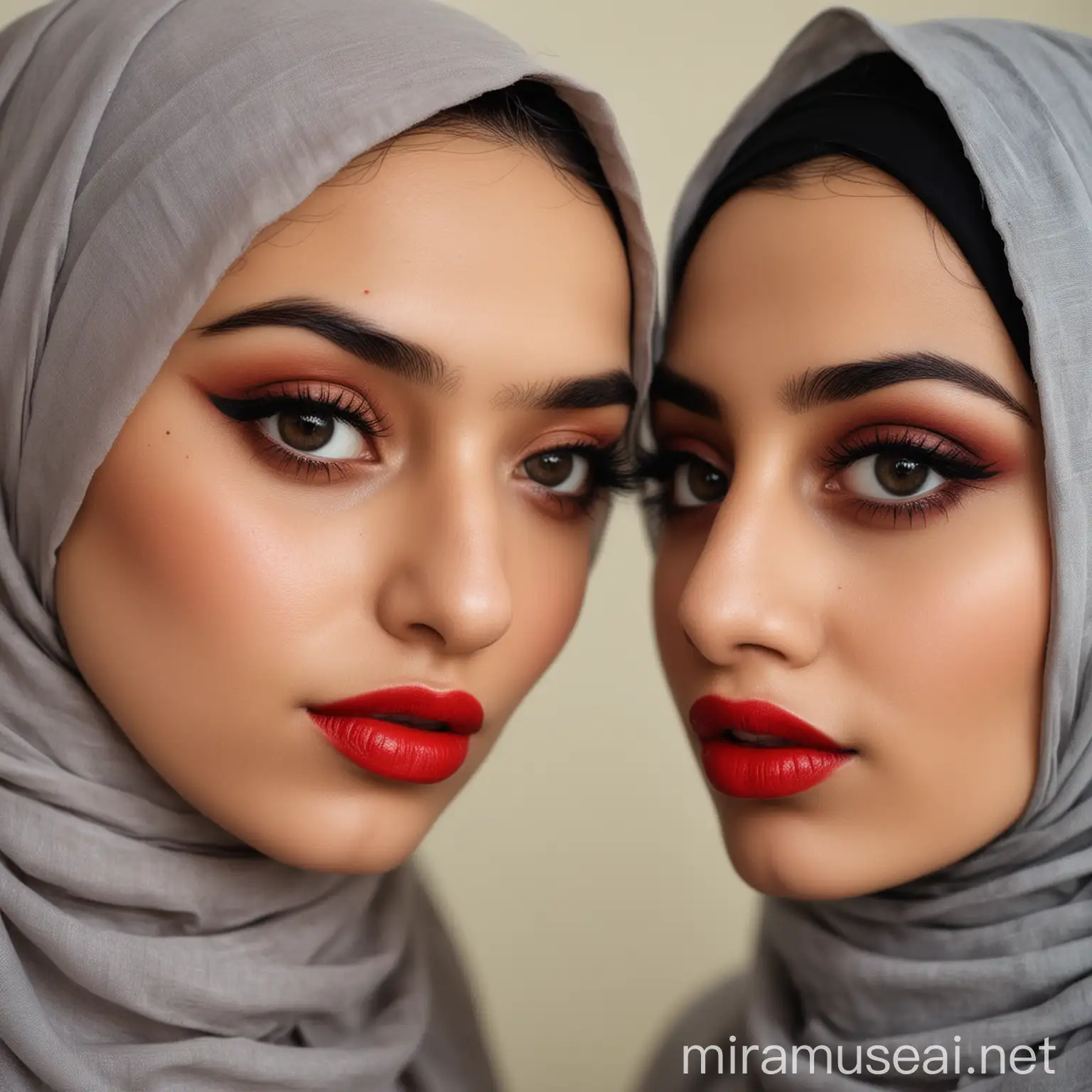 دو دختر زیبای حجابی ایرانی با چشم‌های زیبا و بزرگ و سیاه، و لب‌های سرخ و زیبا، لب یکدیگر را می چوشد، و رگ‌های روی‌شان نمایان است