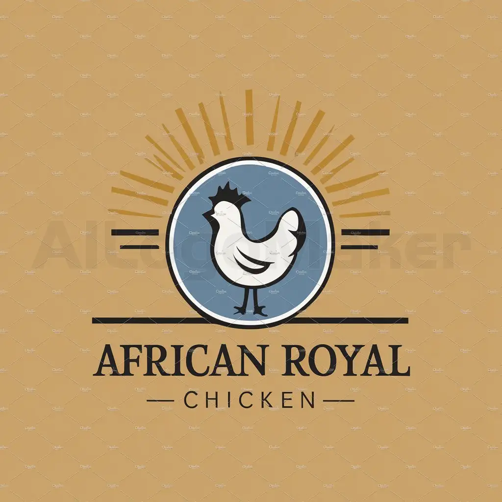 a logo design,with the text 'African Royal Chicken', main symbol:Chicken in blue circle and yellow sun rising backround,Moderate,be used in Others industry,clear background