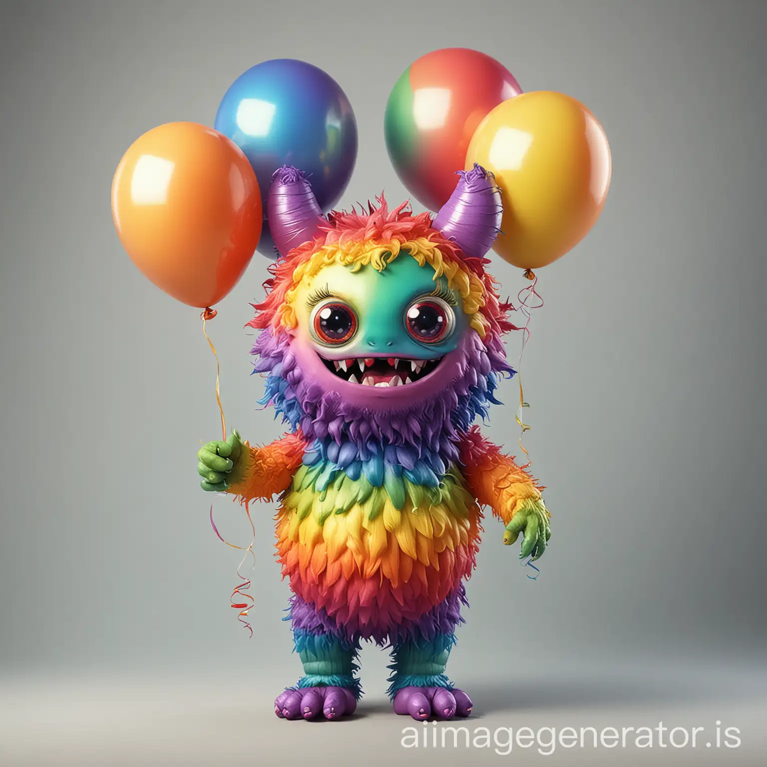 cute rainbow colored monster holding balloons