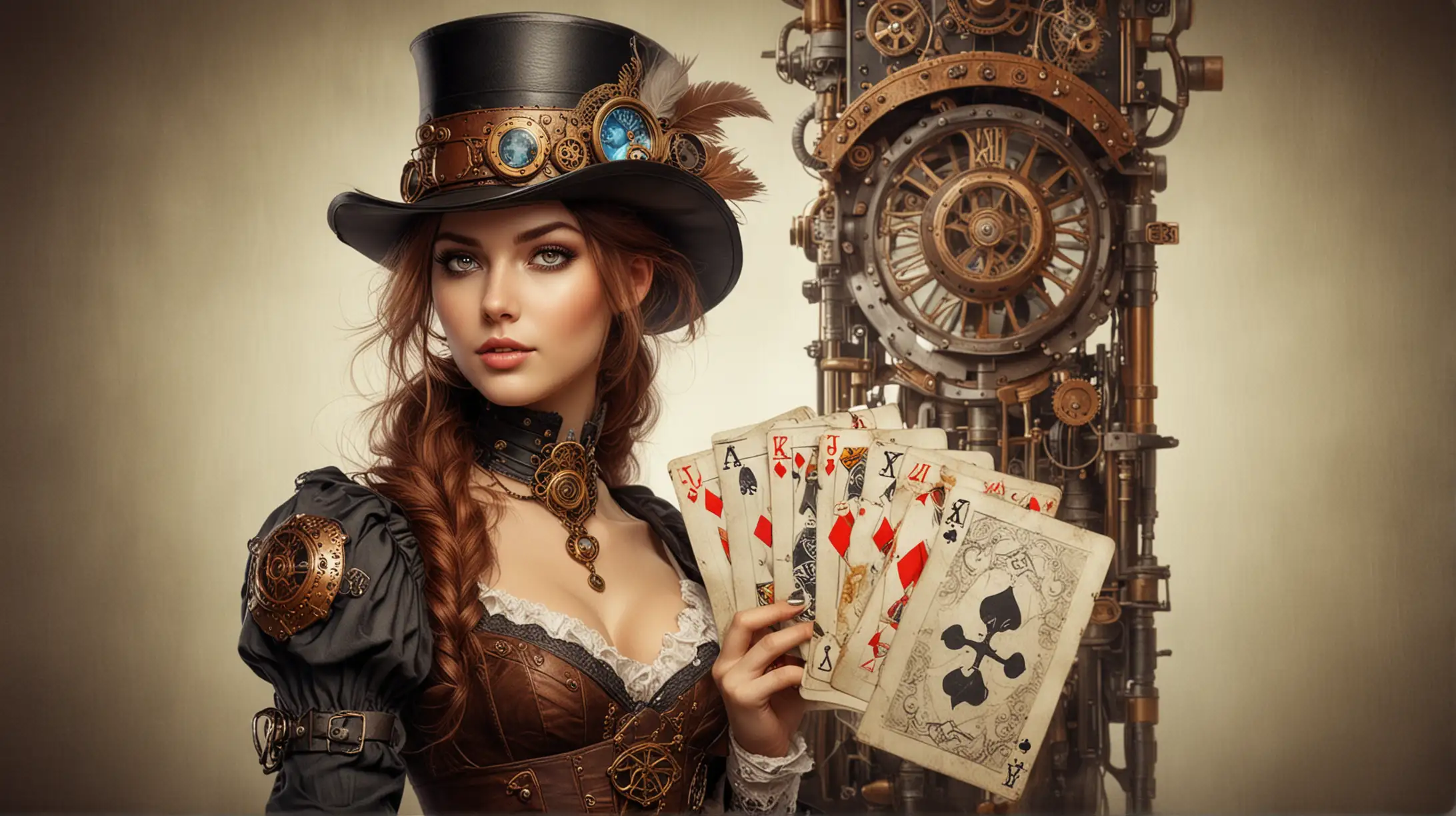 Steampunk Woman Playing Cards in Elegant Attire
